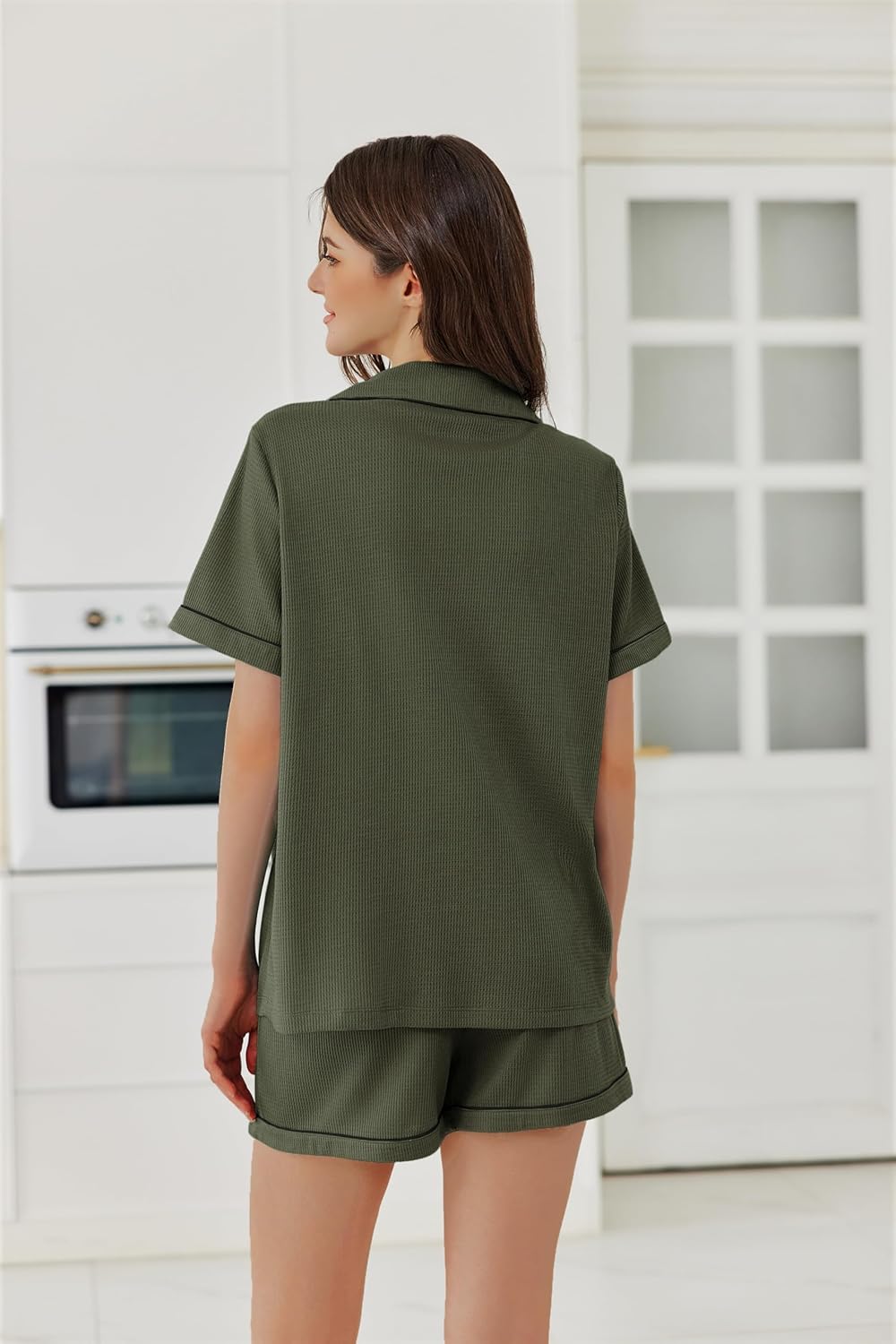 Ekouaer Womens Waffle Knit Pajama Sets Soft Short Sleeve Button Down Sleepwear Cozy 2 Piece Pjs Shorts Set - Image 3