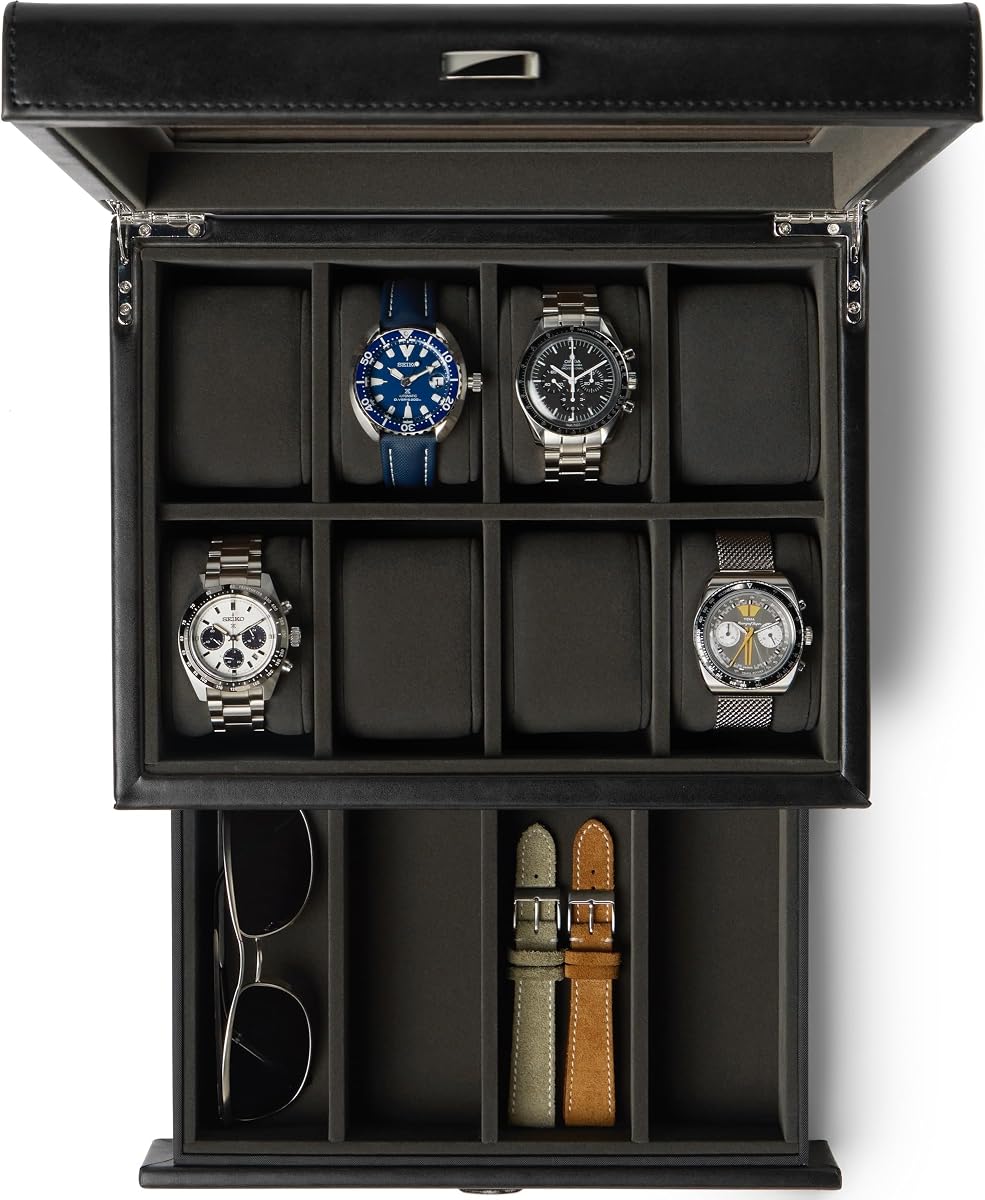 TAWBURY Watch Box for Men - 8 Slot Watch Case with Storage Drawer, Real Glass Display and Extra Wide Pillows for Large Watches (Black/Charcoal)