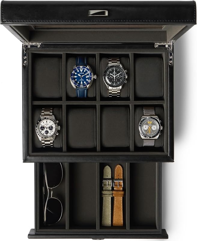 TAWBURY Watch Box for Men - 8 Slot Watch Case with Storage Drawer, Real Glass Display and Extra Wide Pillows for Large Watches (Black/Charcoal)