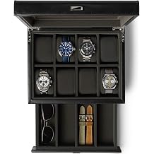 TAWBURY 8 Slot Watch Box with Storage Drawer | Enhance Your Collection with This Premium Black PU Leather Watch Box | Extra Wide Pillow for Oversized Watches Black/Charcoal