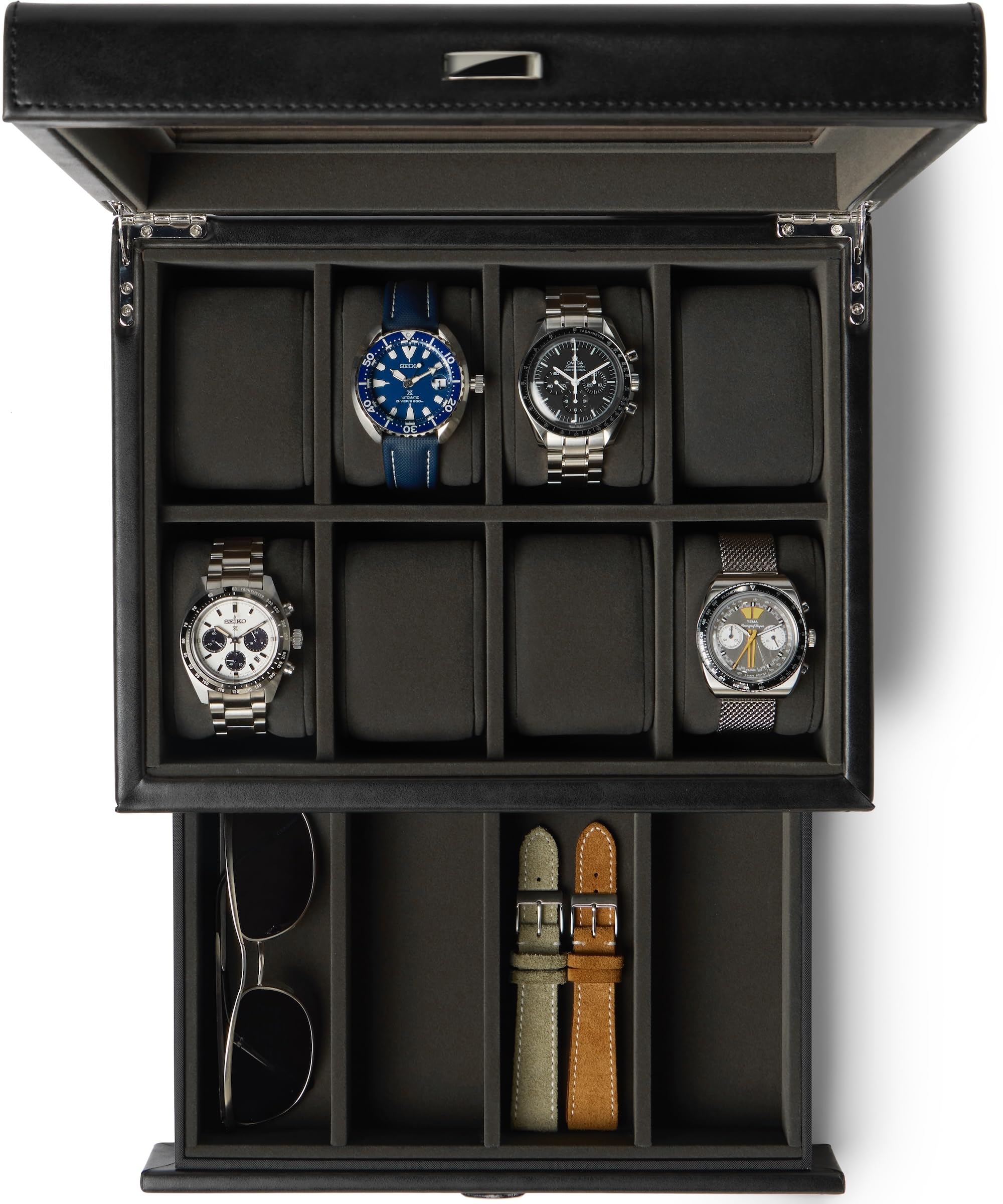 TAWBURYTAWBURY 8 Slot Watch Box with Storage Drawer - Handcrafted from High-Grade PU Leather and Engineered Wood | 2.2-inch Wide Pillows Hold Small & Ovesized Watches (Black/Charcoal)