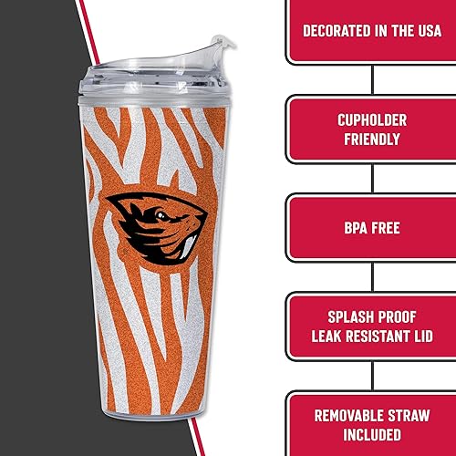 Miniatura 73 de Rico Industries NCAA - Vaso de acrílico con purpurina de 24 onzas con tapa con bisagras, vaso de doble pared con licencia oficial y popote Brillo