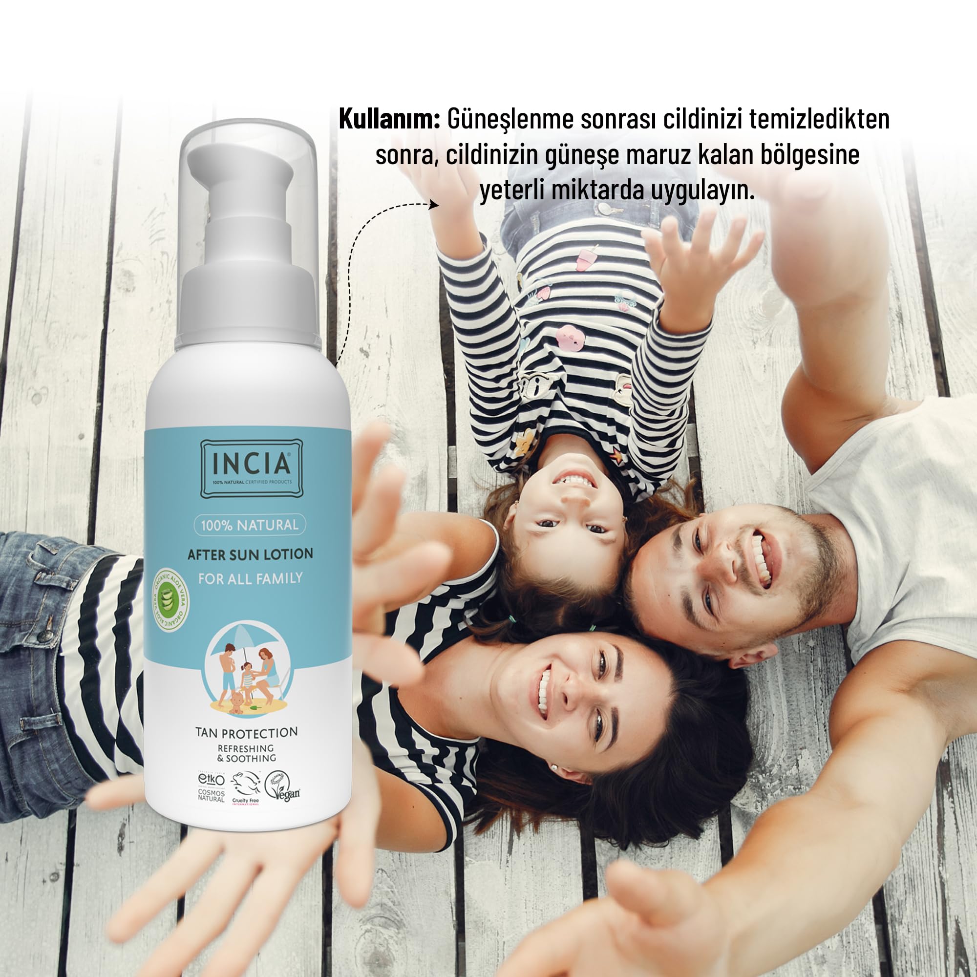 INCIA 100% Natural After Sun Losyon Güneş Sonrası Organik Aloe Vera Nemlendirici Rahatlatıcı 100 ml