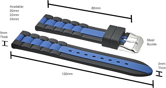 ALPINE Silicone sporty waterproof watch band - Sizes 20mm, 22mm & 24mm (24MM, BLACK-BLUE)