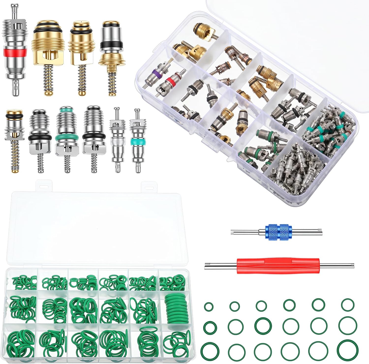 372Pcs Car A/C Repair Kit, 270PCS O-Ring Set + 102PCS Car Air Conditioner Valve Core Kit with Double Head Install Tool, A/C R12 R134a Refrigeration Tire Valve Stem Cores, O-Ring Seals Kits