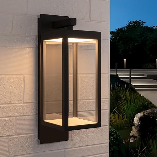 Lustrlach Lámpara de exterior para casa LED de montaje en pared, moderna lámpara de porche con cristal, 15 pulgadas, negro frío, IP54, luz exterior