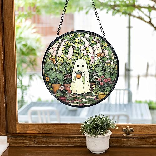 Miniatura 2 de TNUW Fantasma de Halloween para colgar en la ventana, atrapasoles de fantasmas de Halloween, decoración de pared redonda de cristal para ventana