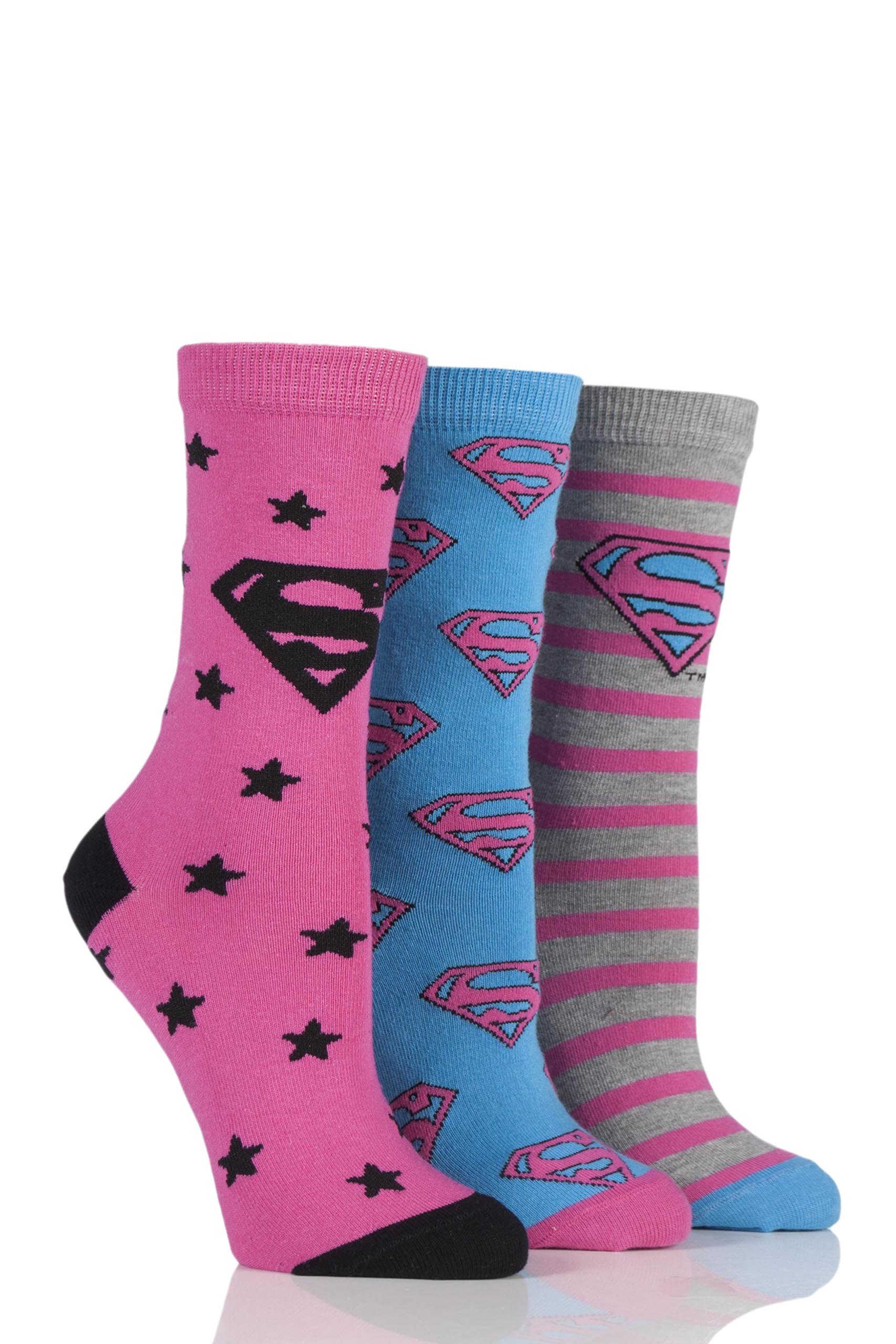 Ladies 3 Pair DC Superman/Superwoman Logo Socks Assorted 4-8