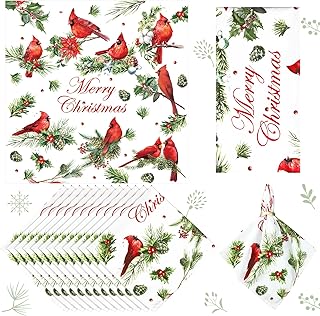 12 Pcs Christmas Cloth Napkins Red Cardinal 20"x20" Washable Dinner Guest Napkins for Holiday Xmas Dinner Party Supplies