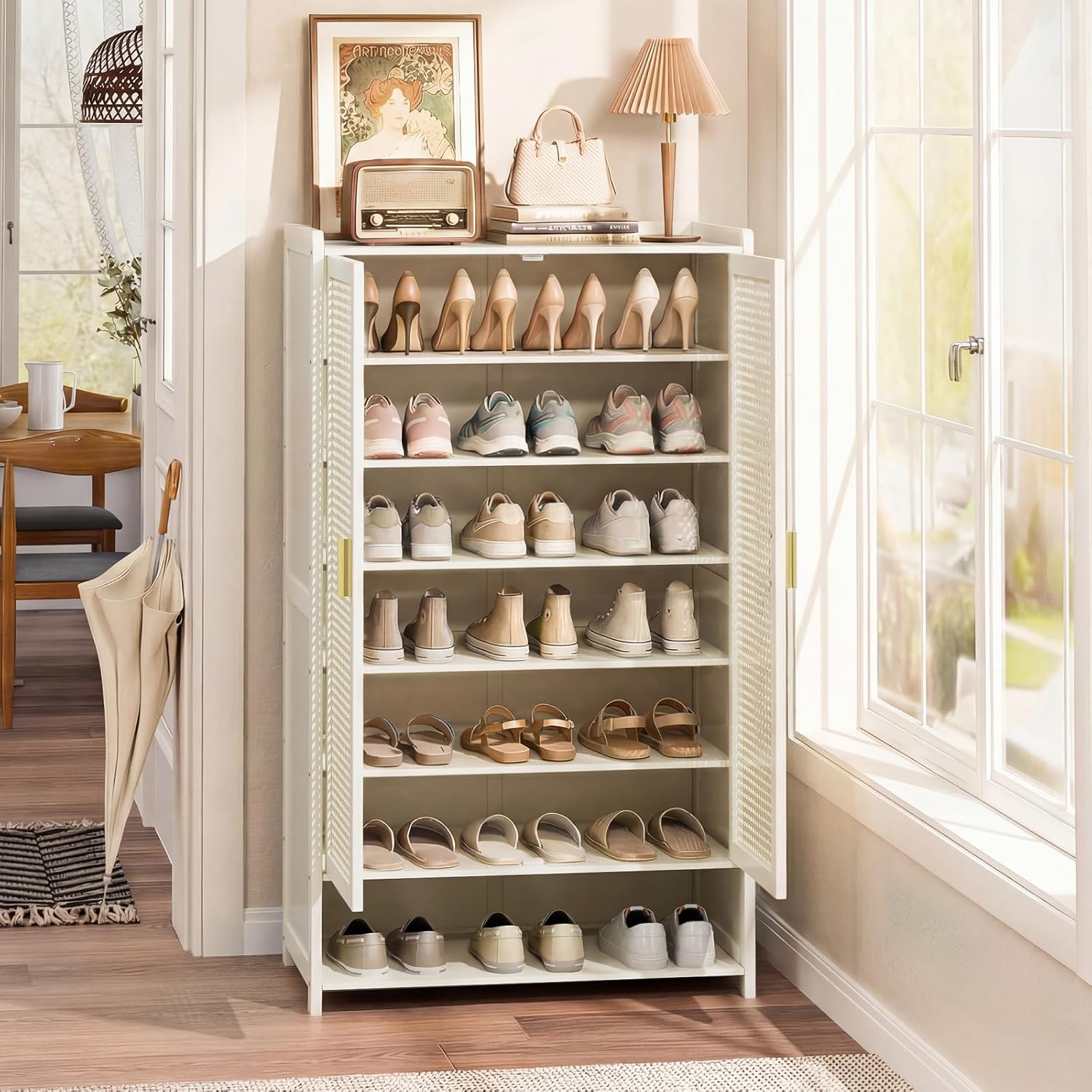 Bamboo Shoe Cabinet with Doors, 7-Tier 24 Pair Large Shoe Storage Cabinet with Adjustable Shelves, Rattan Entryway Shoe Organizer, 43" Tall Modern Shoe Cabinet for Hallway, Entryway,Beige