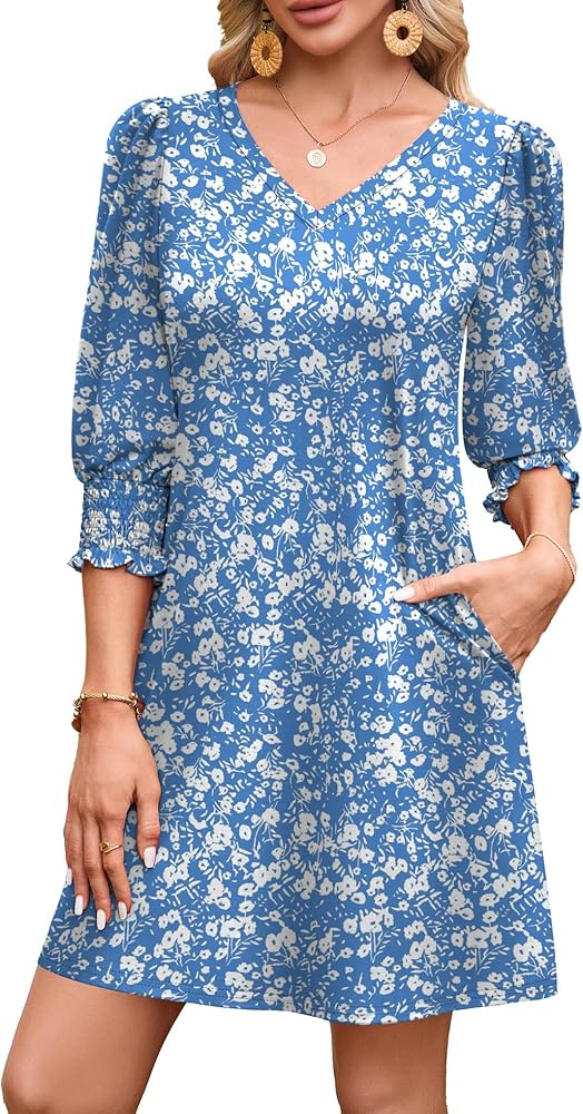 WIHOLL Summer Dresses for Women 2025 V Neck 3/4 Sleeve Essentials Dresses  Casual Womens Beach Vacation Early Fall Fashion Floral Sundresses Mini Sun  Dress Vestidos De Verano para Mujer 2025 Blue S