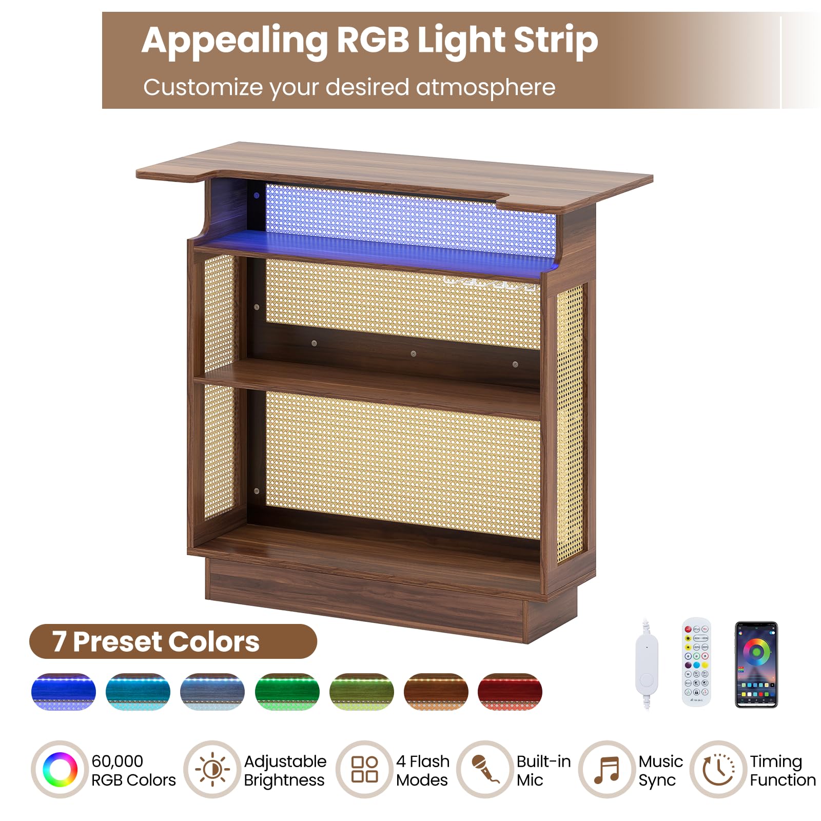 LIFEZEAL Mesa de bar de madera, barra de bar con iluminación LED, estantería de cocina de ratán con soporte para vasos y estantería, mesa de bistró, mesa de bar, diseño industrial, 55 x 120 x 110 cm