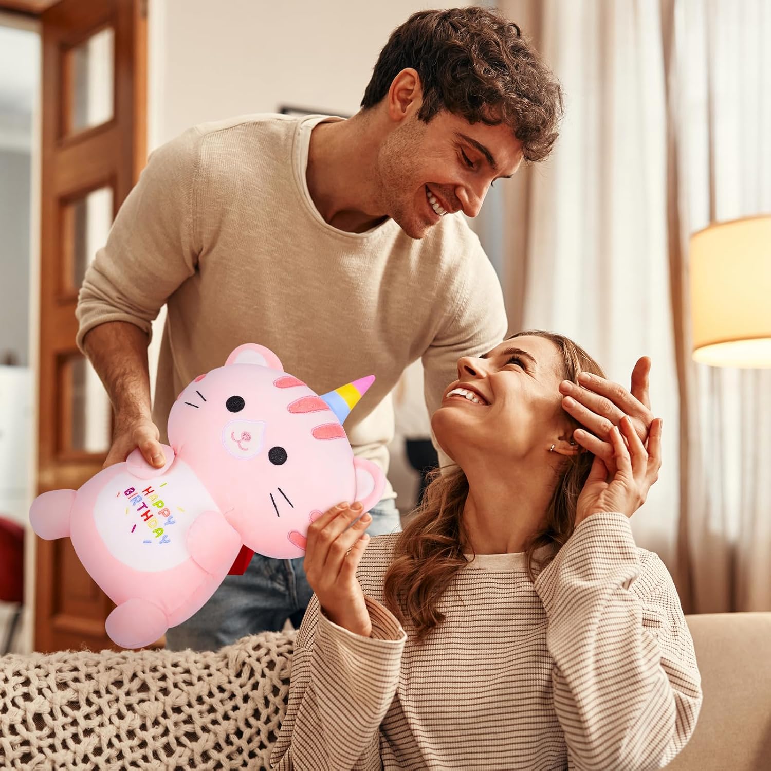 Achwishap Unicorn Cat Plush Stuffed Animal,Kawaii Birthday Cat Plush Toys-14” Happy Birthday Gifts Cute Plushies,Soft Pink Kitten Plushie Huggging Pillow,Cuddly Animal Plushie Doll for Kids Adults
