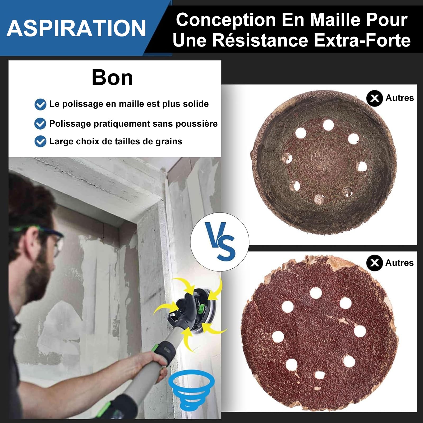 Lot de 25 Disques Abrasifs 225mm Maille, Filet Céramique Papier à Poncer | Grain 60/80/120/180/240 Anti Poussière Papier de verre Disque de ponçage Pour Ponceuse Girafe, Murale et Plâtre Téléscopique