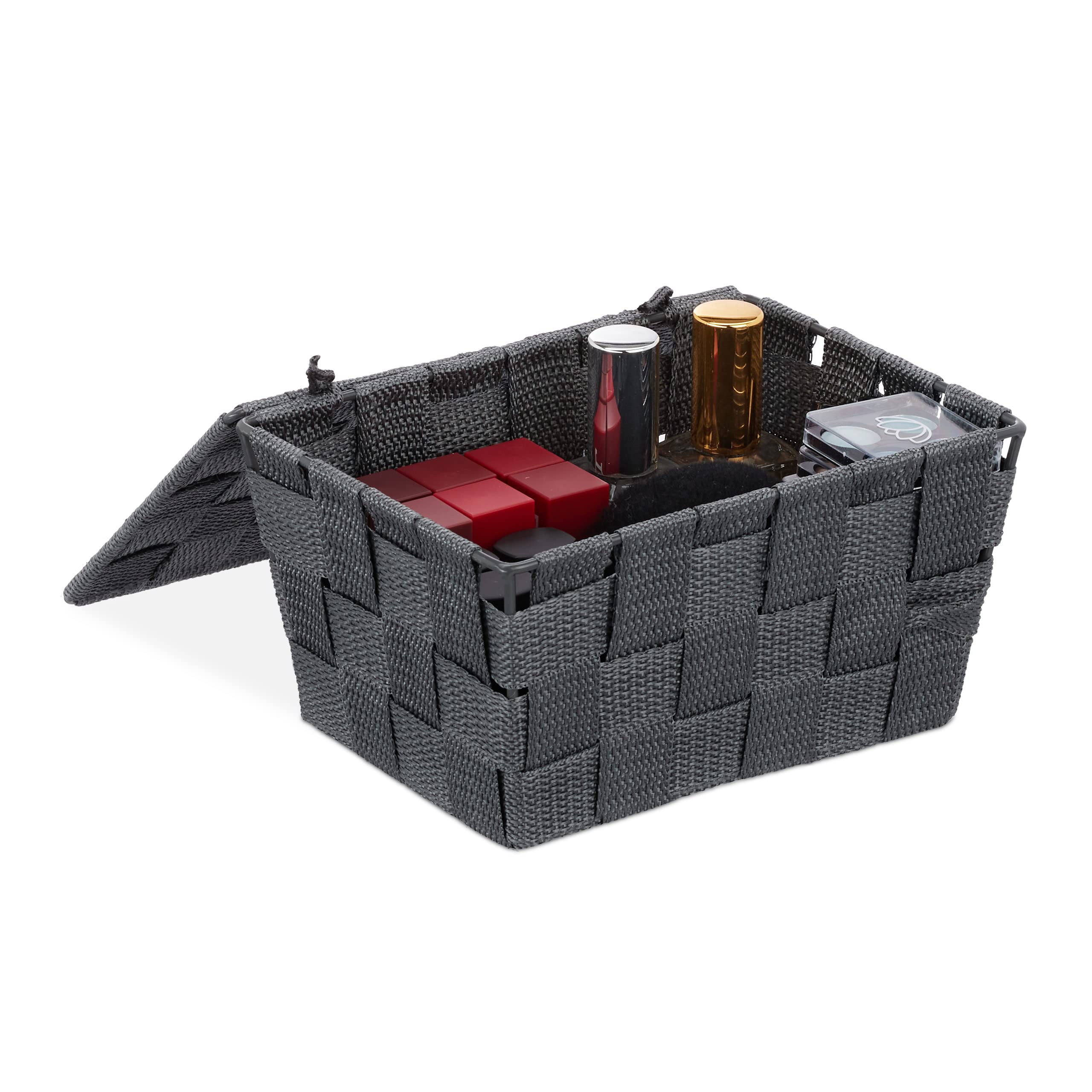 Relaxdays Grey Lidded Storage Basket With Lid, Bathroom Storage, Pp, Hxwxd: 10.5 X 19.5 X 14.5 Cm,