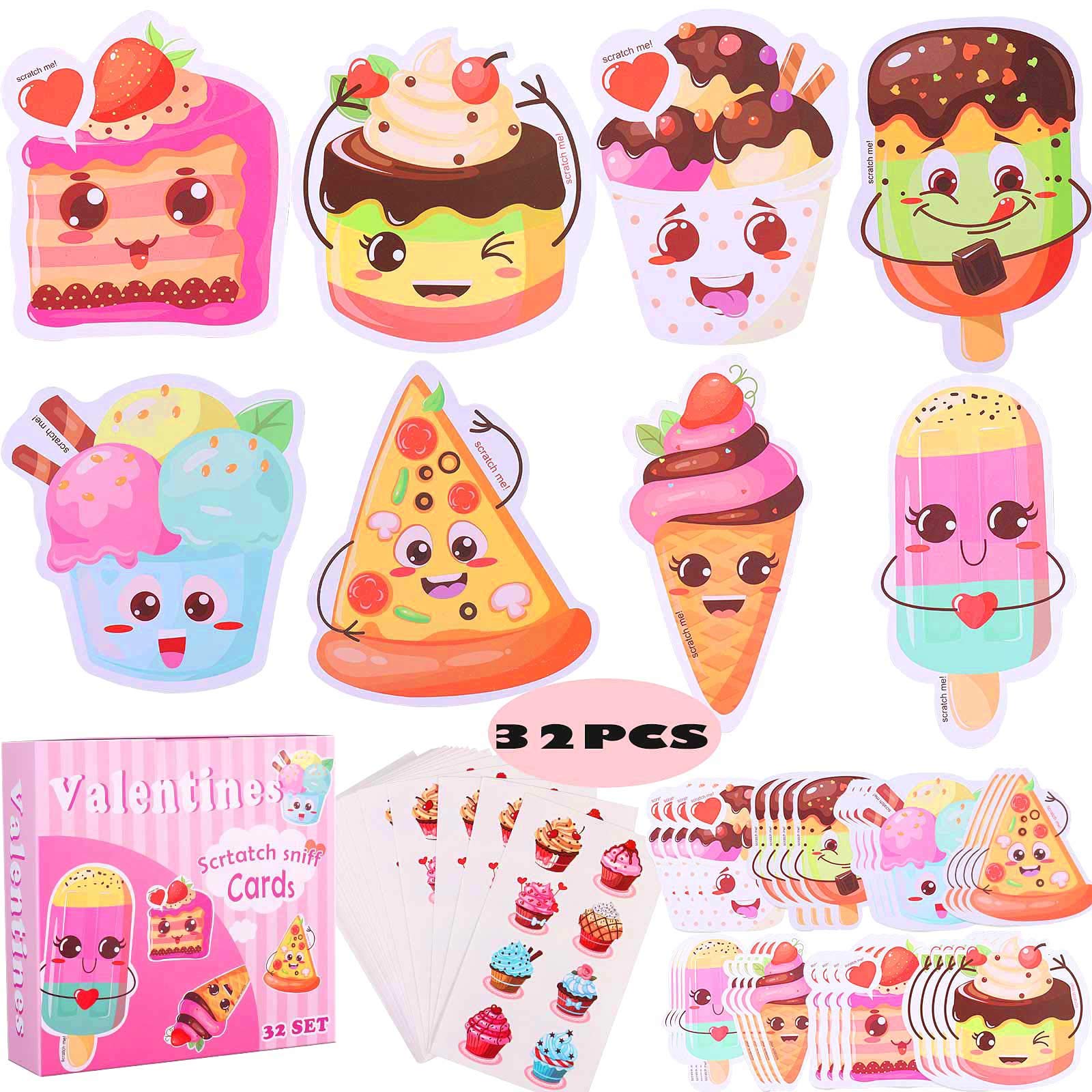 MAOYUE Valentines Cards for Kids, 32PCS Valentine Day Cards with Temporary Tattoos 8 Patterns & Scratch and Sniff Scents Cards for Kid Classroom Valentine’s Day Greeting Party, Envelopes Included