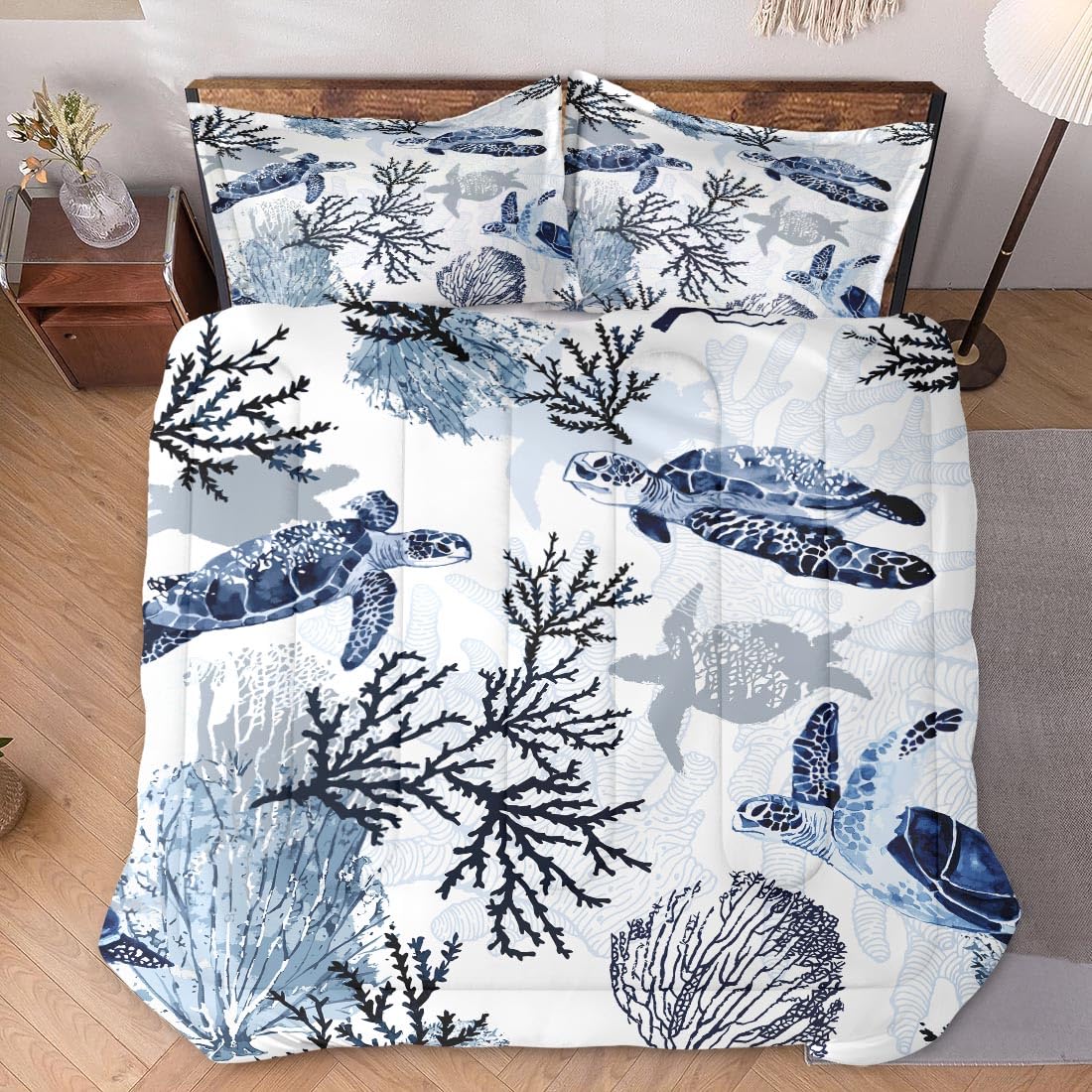 WeCozy Queen Size Comforter Set with 2 Pillowcases, Animal Blue Turtle Sea Coral Soft 3 Pcs Bedding for Kids and Adults Bedroom Bed Decor