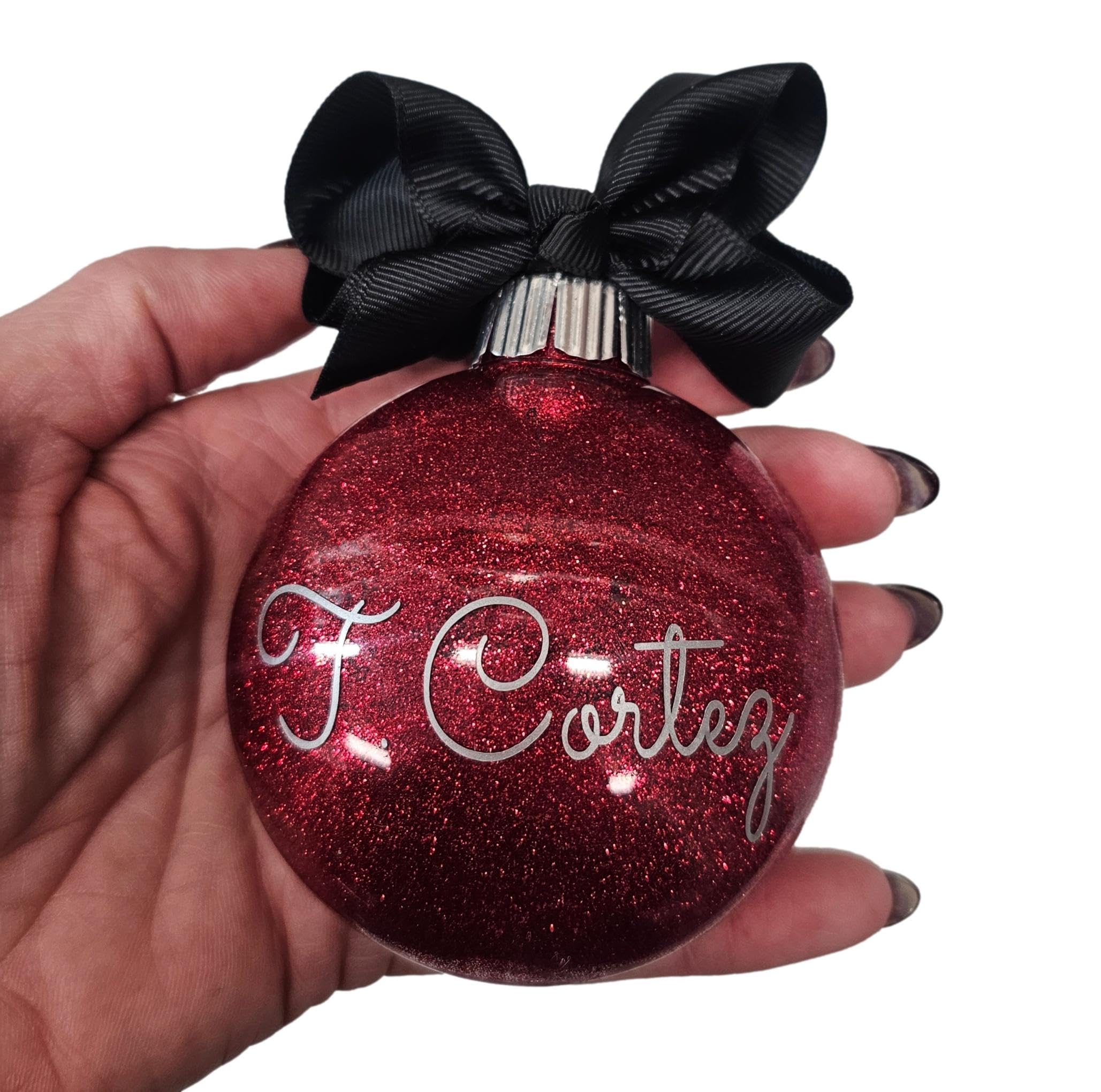Personalized Christmas Ornament Glitter Filled Custom Made Gift Great for White Elephant Office Party (Red Glitter)
