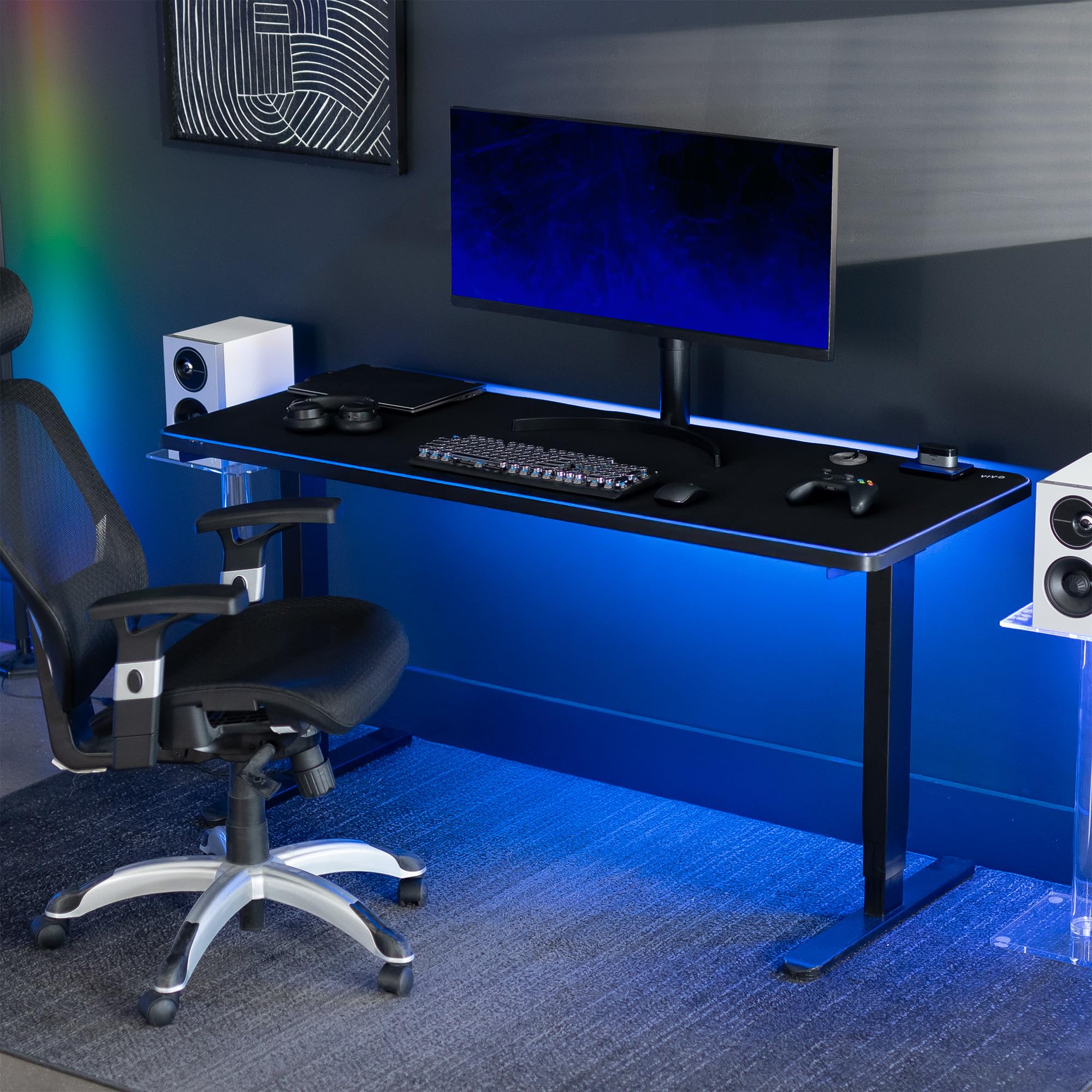 VIVO Alfombrilla de escritorio grande de 60 x 24 pulgadas con iluminación RGB para ambiente de oficina y juegos inmersivos, cubierta de mesa de mouse de gran tamaño, 12 modos de color, base