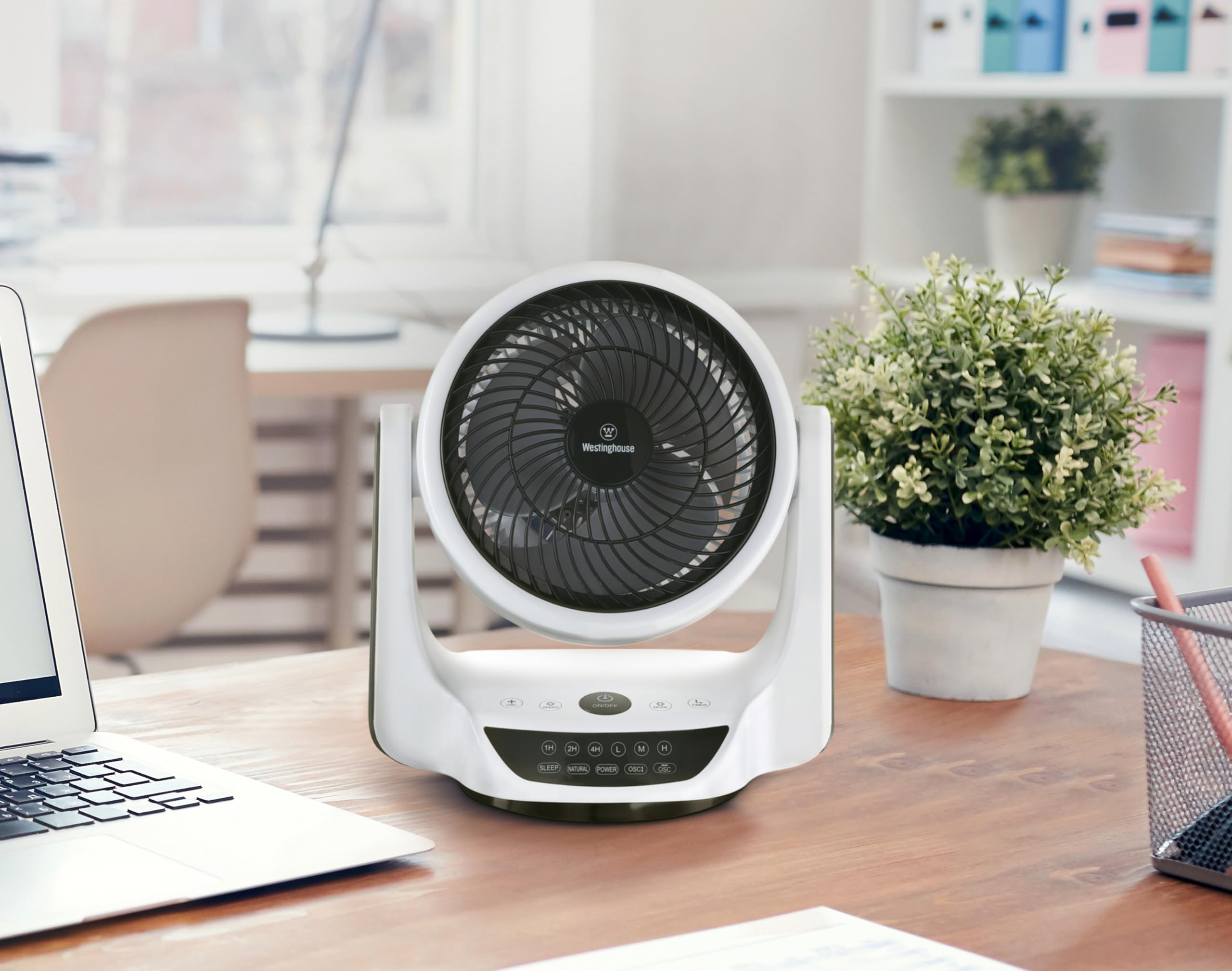 Westinghouse iluminación 73037 Ventilador de escritorio portátil oscilante Cormac, con mando a distancia, 25 cm, acabado blanco y negro