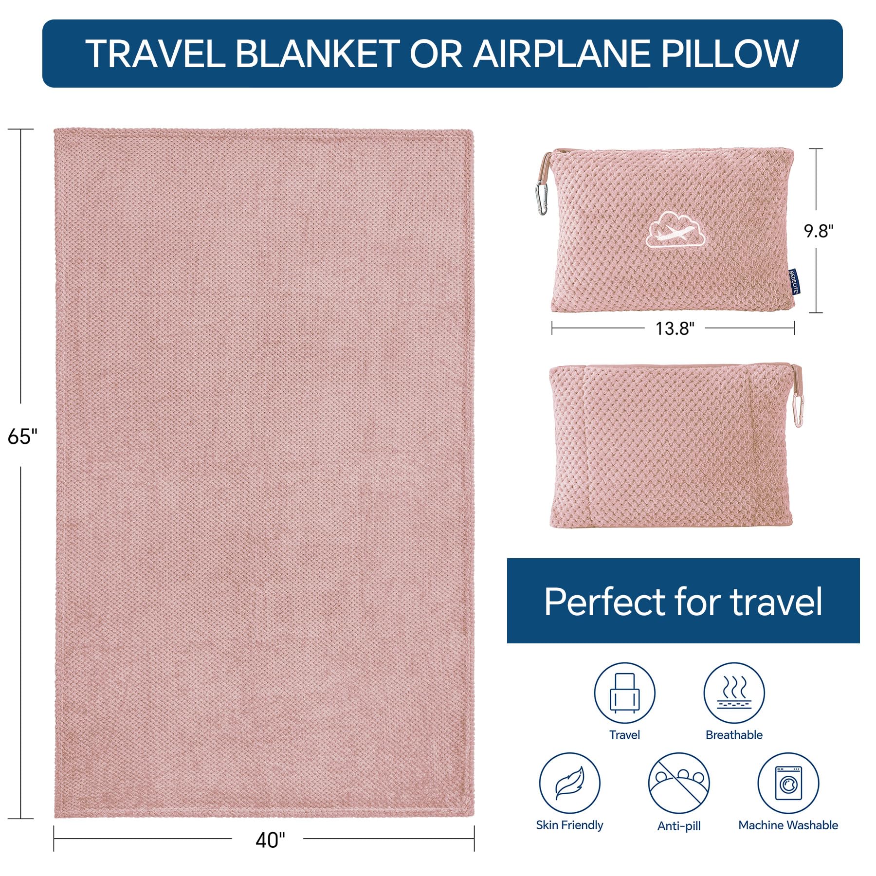 BEDELITE Travel Blanket with Bag, Jacquard Fleece Blanket 65"x40", Pink view 5