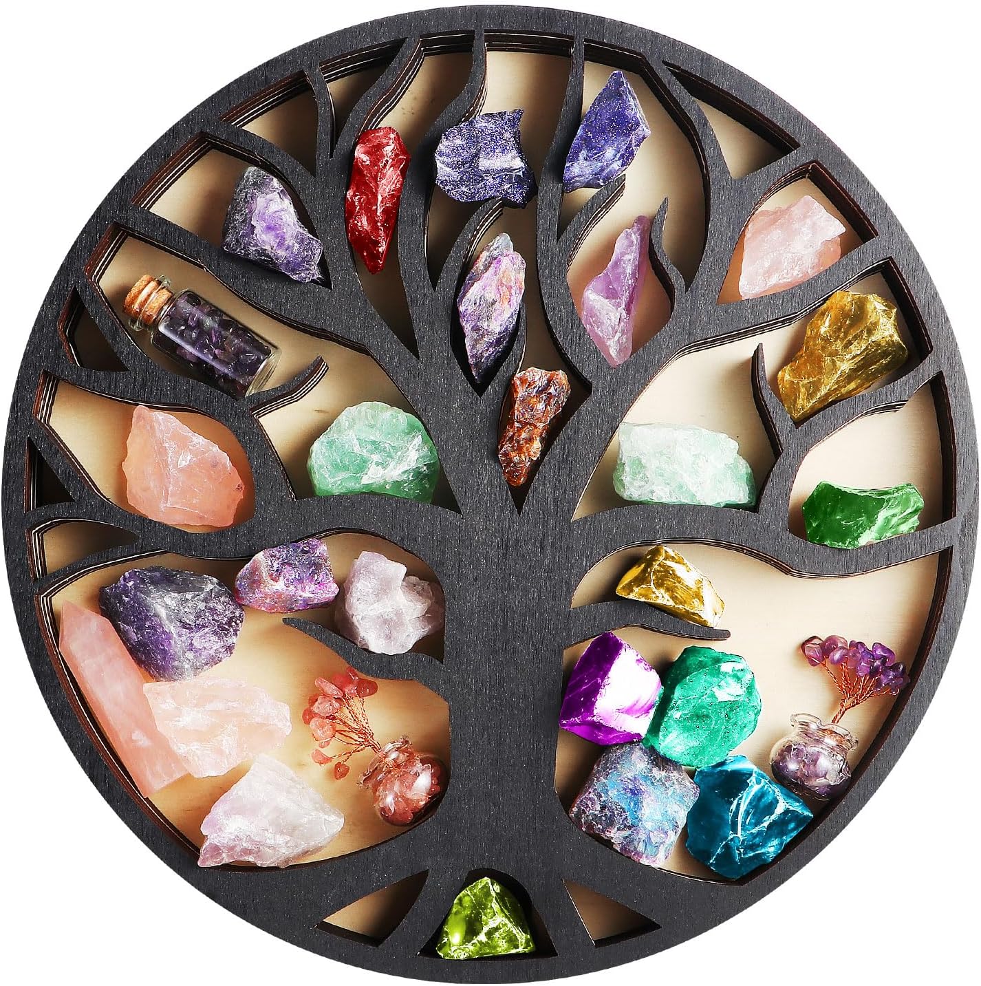 Wooden Crystal Display Shelf Tree of Life Floating Shelf for Rocks, Stones, Crystals, Essential Oils Storage, Wall Mounted Shelf, Gothic Rustic Boho Style Wall Art Decor, 11.8x11.8 inches