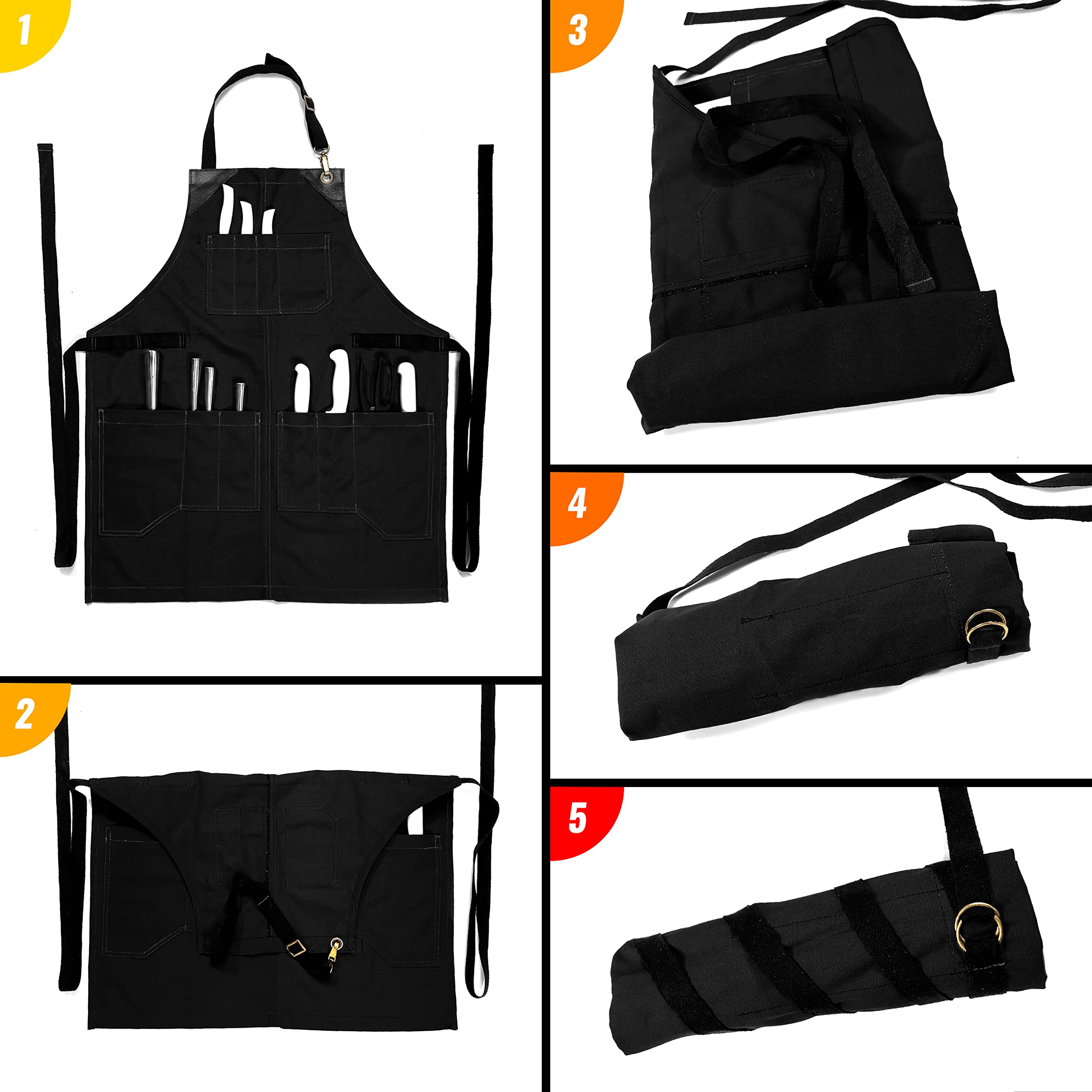 Knife Roll Apron Heavy Duty Canvas Leather Support Black | Heavy Duty Canvas Leather Support Folds into a Knife Roll Pro Chef BBQ Butcher Bartender Tool product thumbnail 4