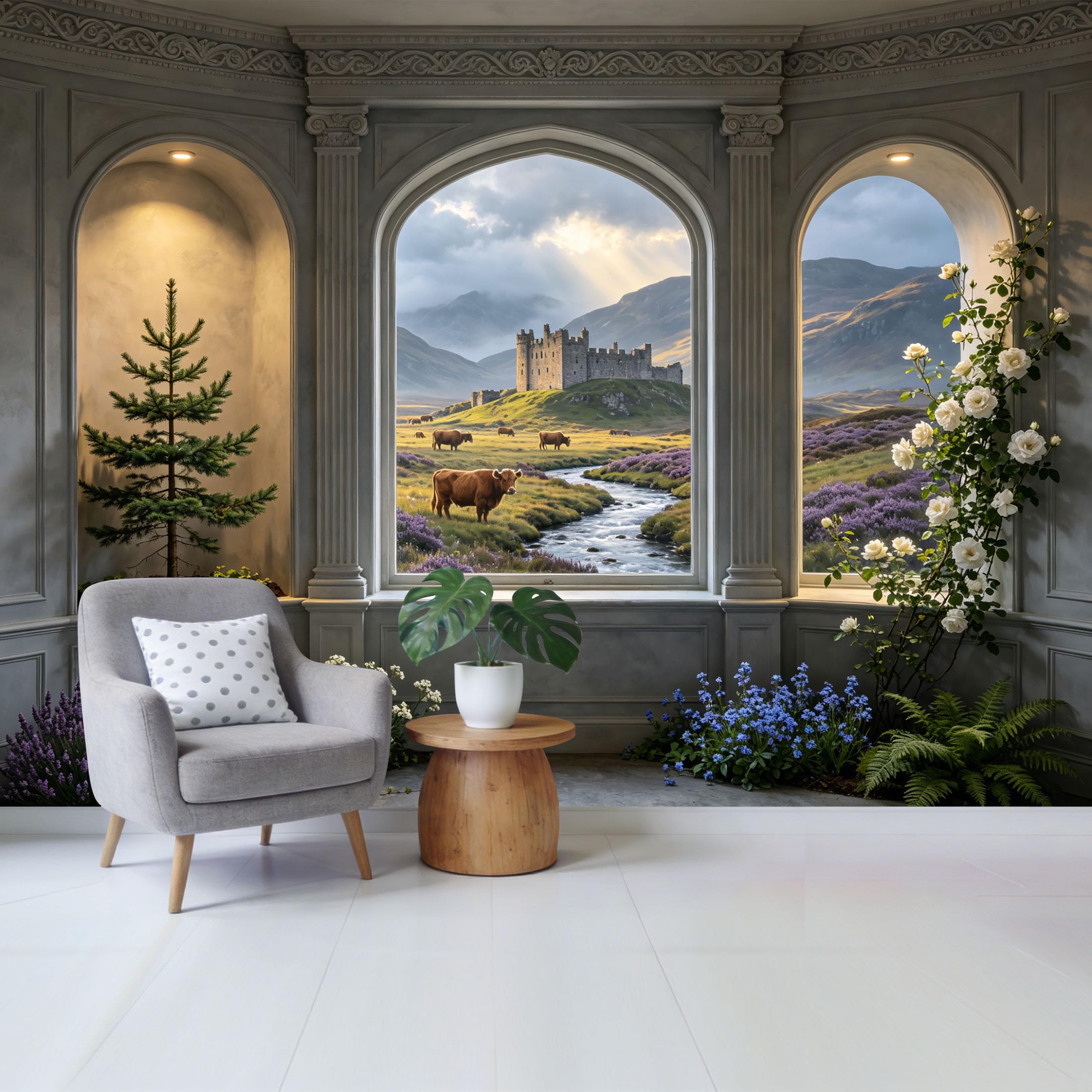 Removable Self Adhesive Fabric Mural， Scottish Highlands Castle Meadow Custom Size Wall Covering， UV Protected Waterproof Washable Wall Decor for Living Room Bedroom Bathroom