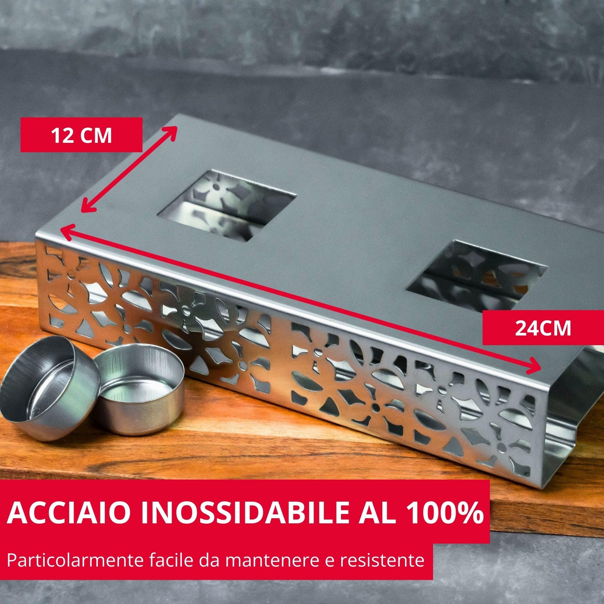 Westmark scaldavivande – Piastra riscaldante di alta qualità per mantenere il cibo caldo a tavola con due tea lights, 240 × 120 × 52 mm – Acciaio inossidabile
