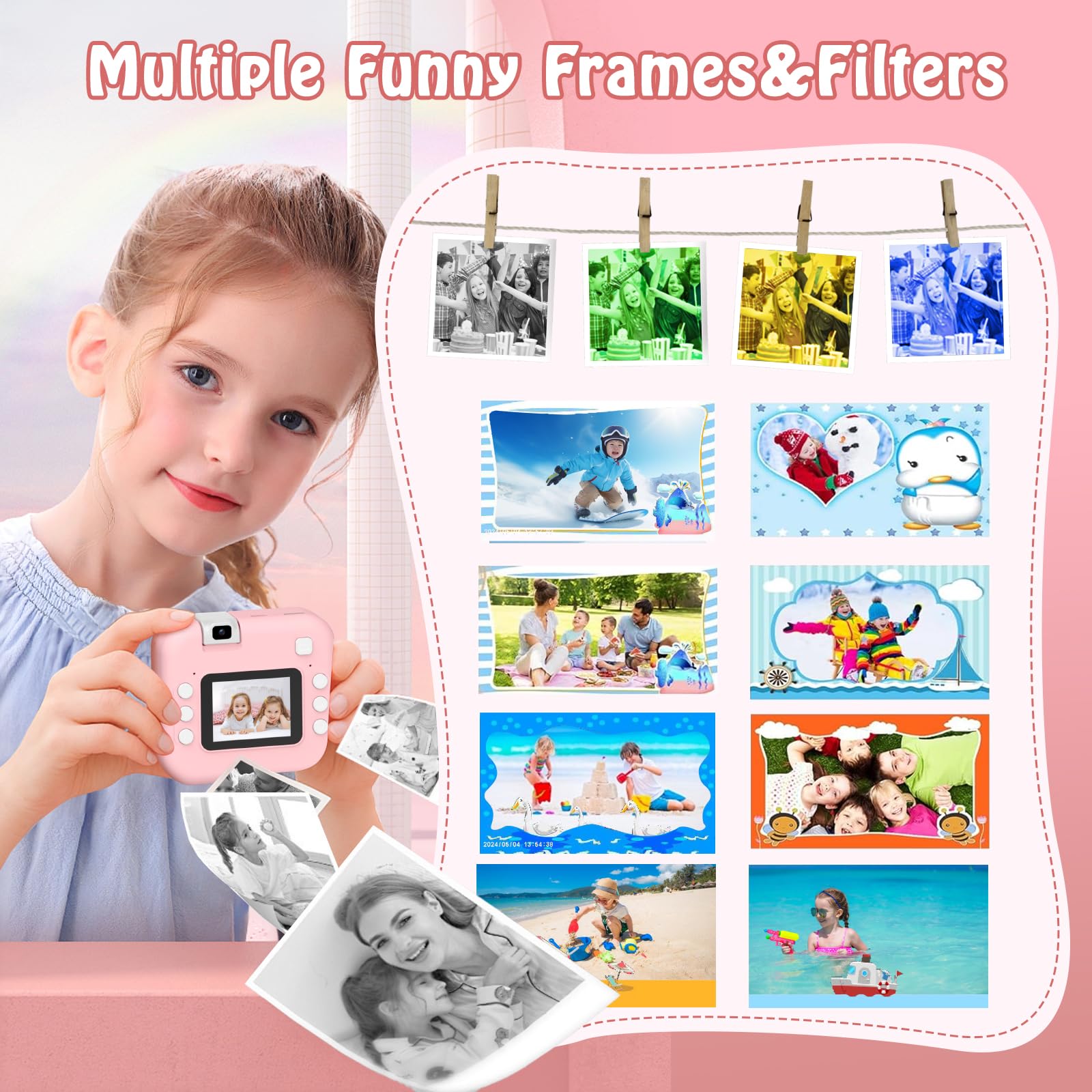 Teoryieer Cámara de Fotos Instantánea, Pantalla HD de 2.0 Pulgadas y 48 MP, 1080P cámara de Fotos Infantil, Tarjeta de 32 GB y 3 Rollos de Papel de Impresión, Ideal para Niños de 3 a 12 Años (Rosa) — view 3