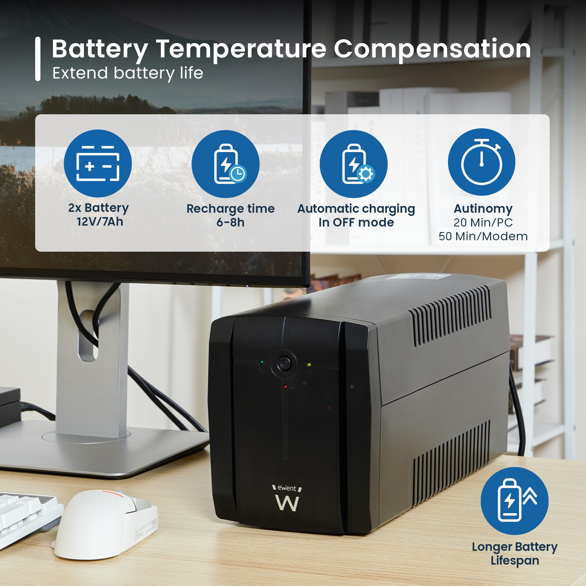 Ewent UPS Gruppo di continuità, Potenza 1300VA (720W) 250V, Protezione da Sovratensioni,Sbalzi Corrente e Blackout, Autonomia 20 min, 3 prese Schuko EU, AVR Line Interactive per PC, Modem, Console