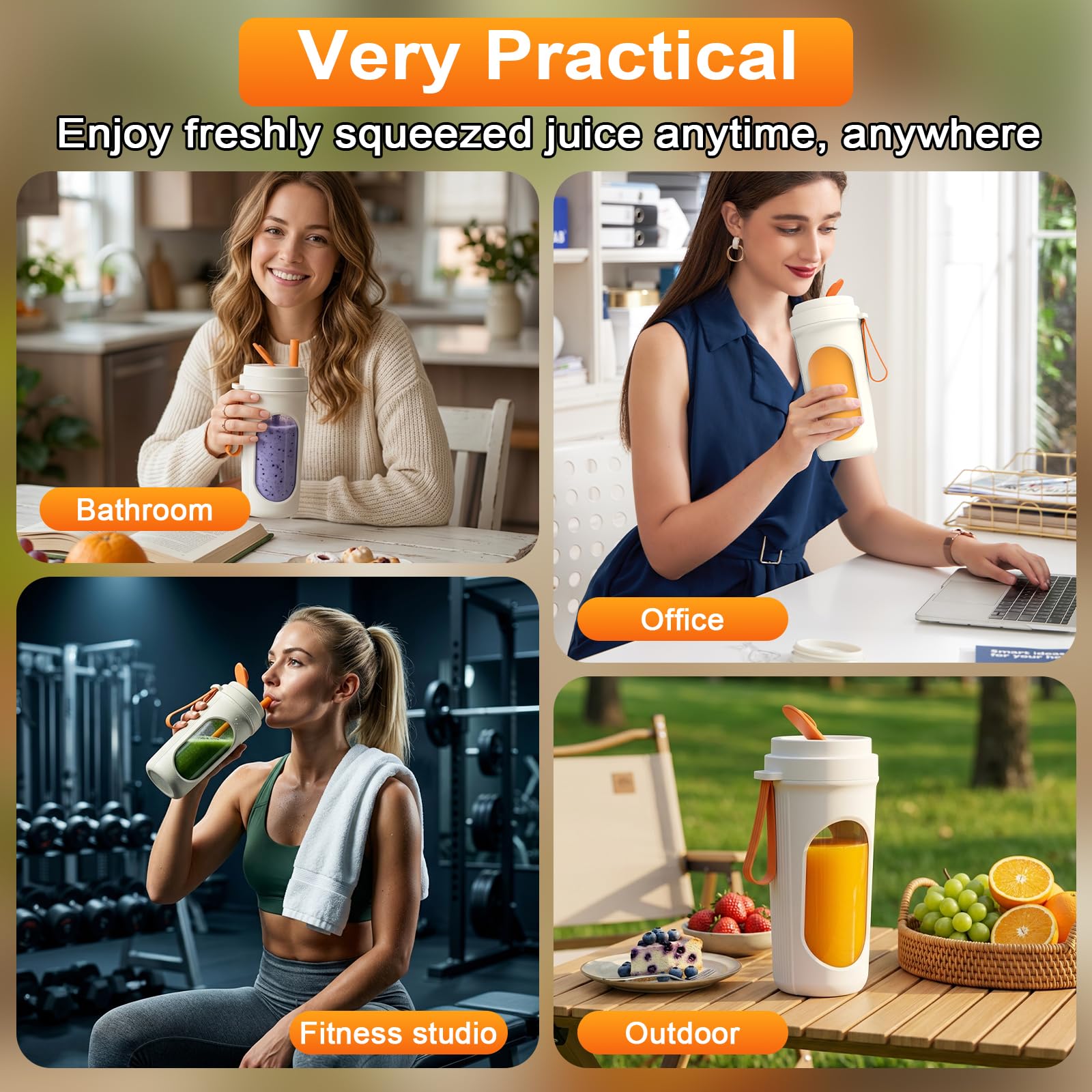WGIDSKKI Batidora Portátil 450ml para Batidos, Mini Batidora Potente con 12 Cuchillas de Acero Inoxidable, Tapa Hermética y Recargable vía Type-C, Fitness y Hogar, Compacta, Sin BPA - Naranja — view 7