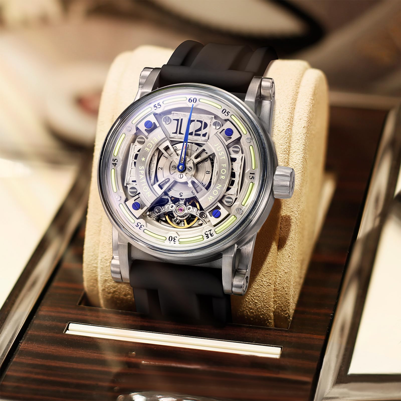 FEICE Skelett Automatik Analog Herrenuhr mit Silikonarmband aus Edelstahl Ø44 mm FM501