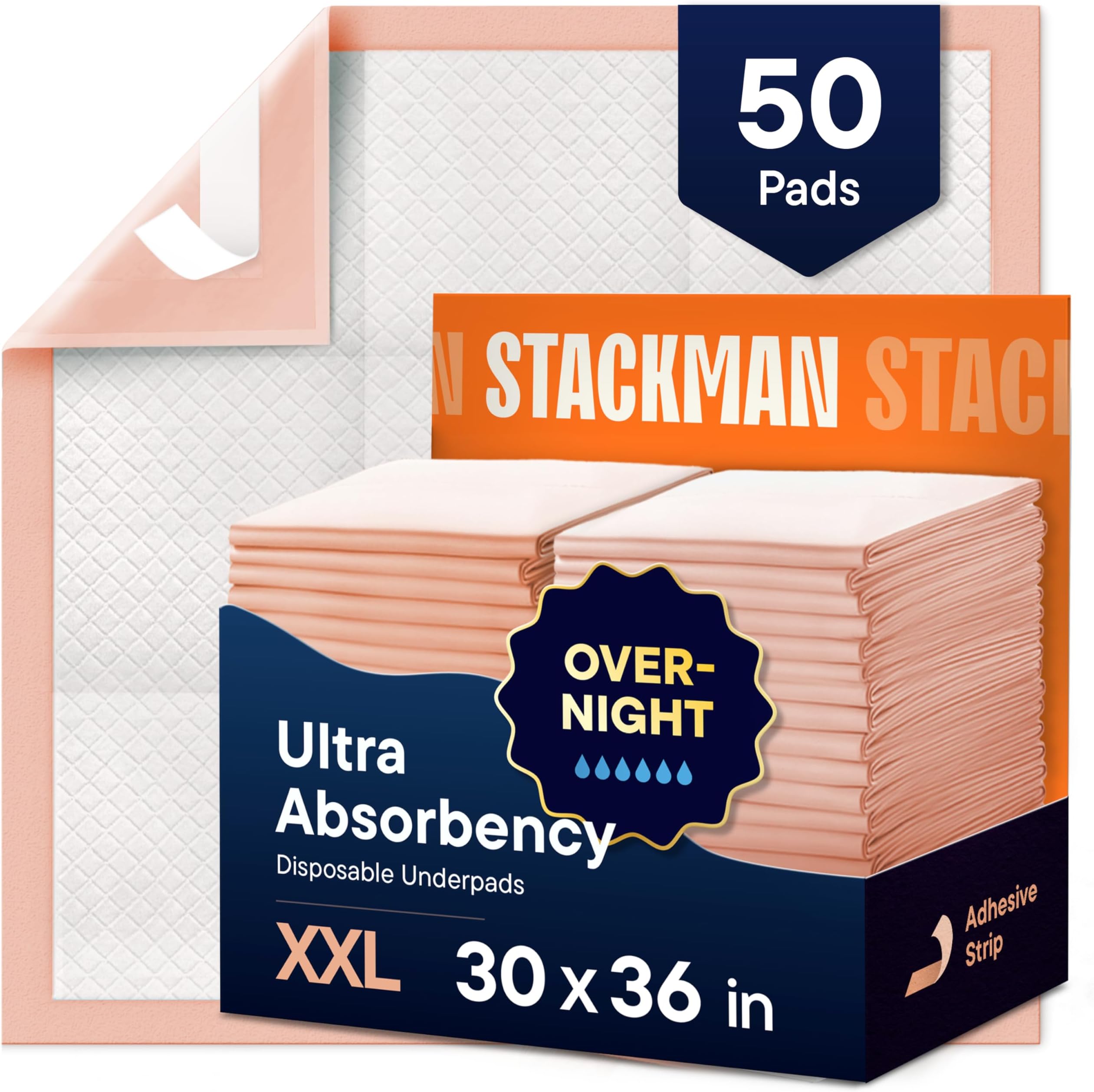 Heavy Absorbency Bed Pads, XXL Disposable 30 x 36 Chucks Pee Pads for Incontinence Bed Wetting for Adults, Elderly & Kids [50 Pads] Extra Large Underpads - 30x36 - With 2 Adhesive Strips on Each Pad