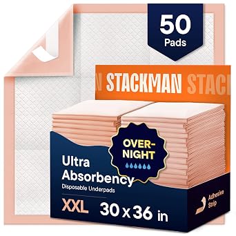 Heavy Absorbency Bed Pads, XXL Disposable 30 x 36 Chucks Pee Pads for Incontinence Bed Wetting for Adults, Elderly & Kids [50 Pads] Extra Large Underpads - 30x36 - With 2 Adhesive Strips on Each Pad