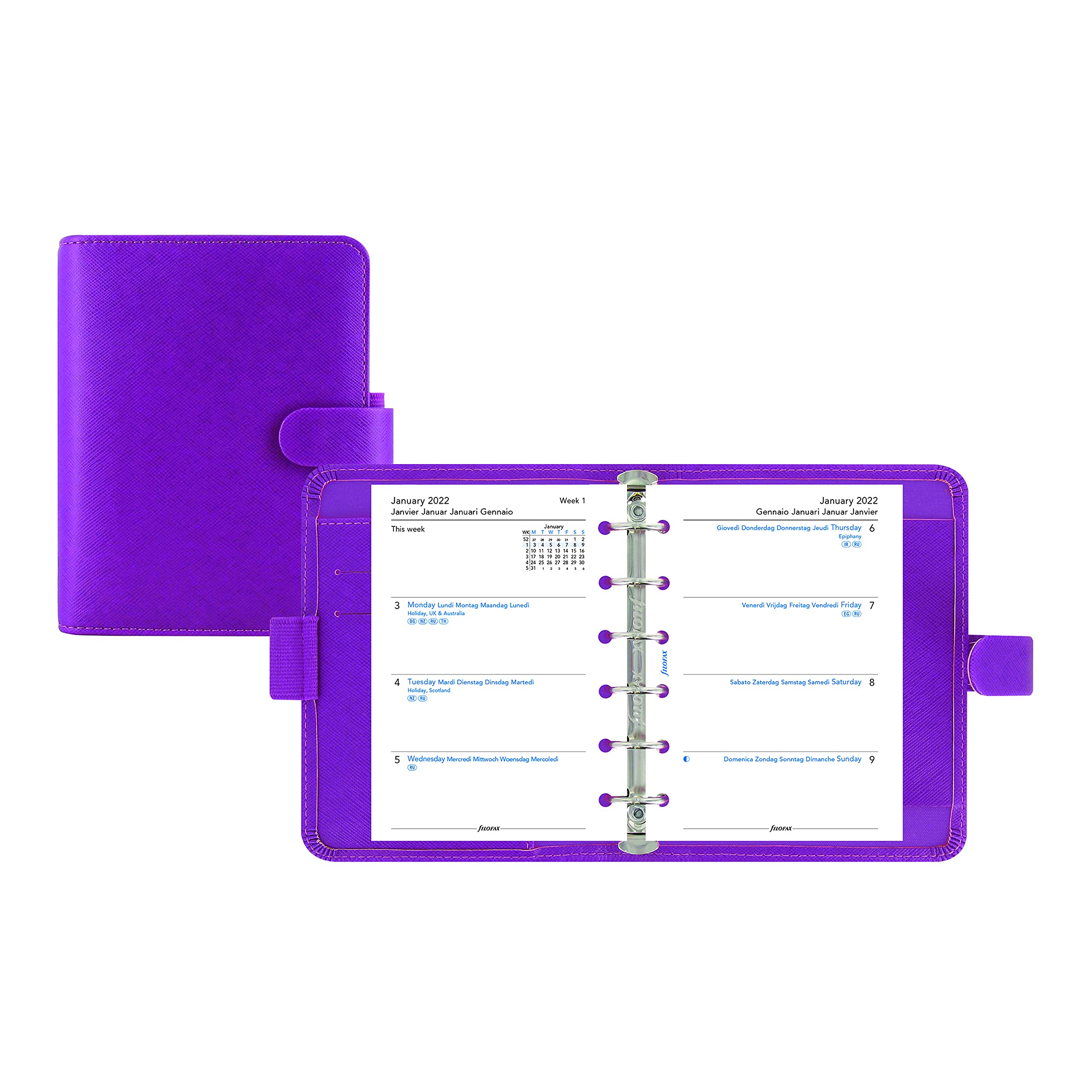 Filofax Saffiano Organizer Taschenformat Himbeere - Cross-Grain, Lederoptik, Sechs Ringe, Wochenansicht, Kalender 2022 (C022452-22)