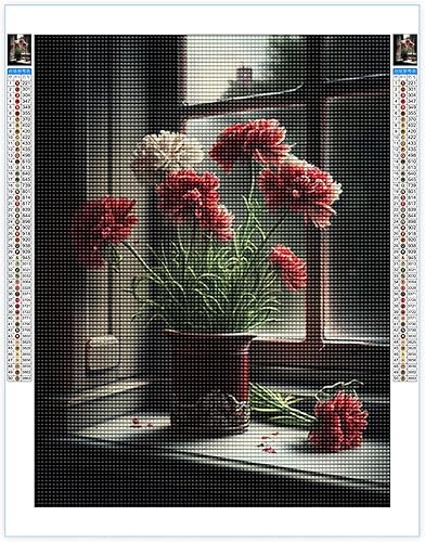 Miniatura 2 de Kits de pintura de diamantes para adultos, arte de diamantes de flores, clavel rojo pálido, bricolaje 5D, taladro redondo completo, diamantes de