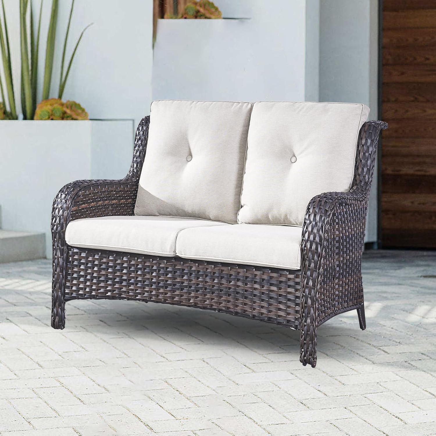 Outdoor Loveseat Wicker Patio Couch - 2-Seater Rattan Patio Sofa with Deep Seating and Comfortable Cushions for Outside Porch Deck Poolside Balcony(Brown Wicker/Beige Cushion)