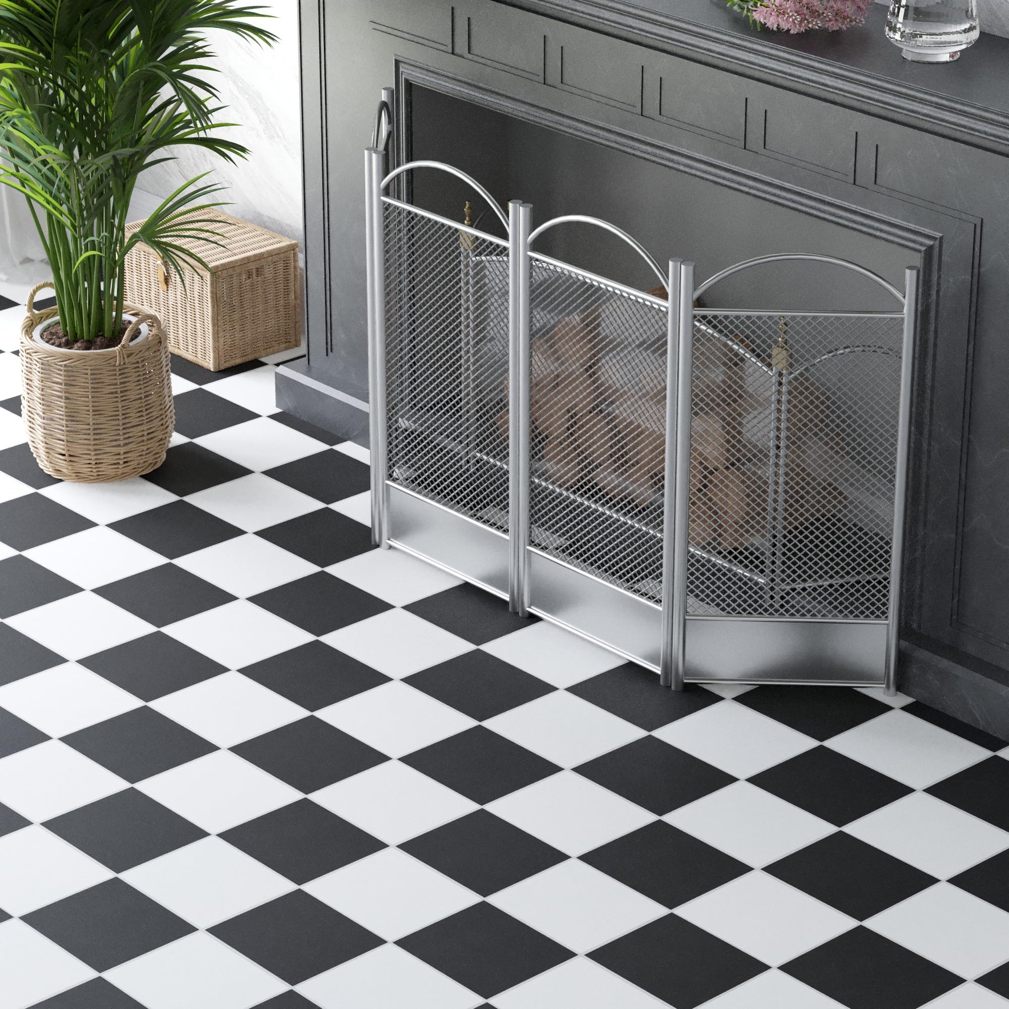Homease Lot 50 carreaux sol autocollants PVC Antidérapant Imperméable Découpable Aspect carrelage Cuisine Salon Balcon Échiquier blanc mat 4,5 m²