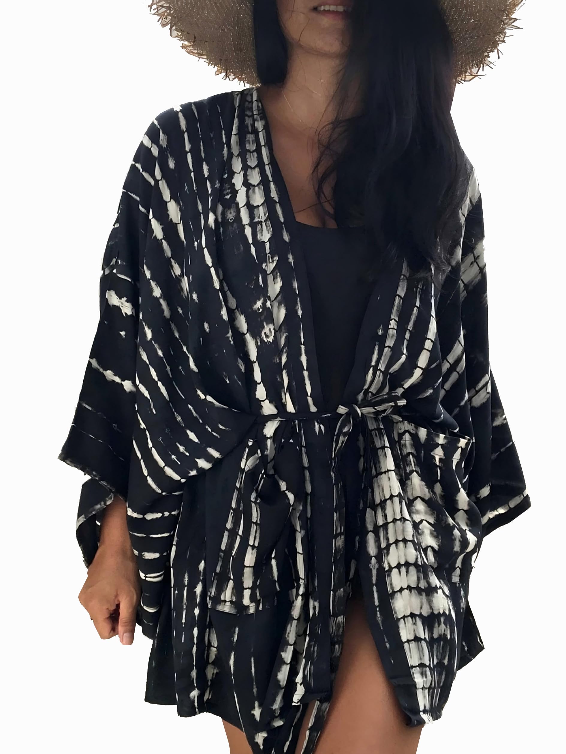 Cárdigan corto de kimono de manga larga para mujer, con cinturón, blusa de playa, blazer monocolor, estampado de leopardo, manga ancha