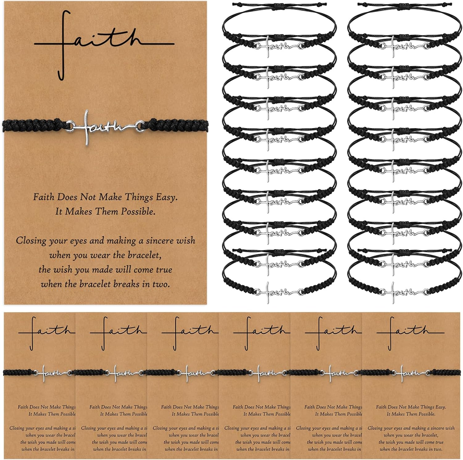 Landical Christmas Christian Faith Bracelet Bulk for Women Religious Adjustable Cross Bracelets Gifts with Positive Card