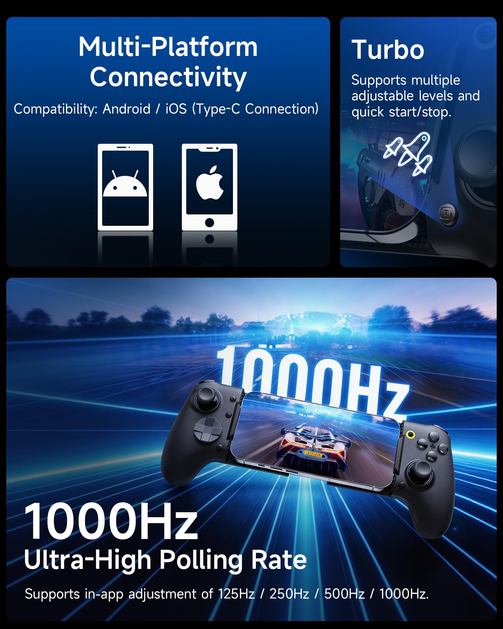 Controller mobile EasySMX M20 con USB-C per iPhone, smartphone Android e tablet 8,5", controller per smartphone con joystick a effetto Hall/grilletto a due stadi, doppi motori di presa