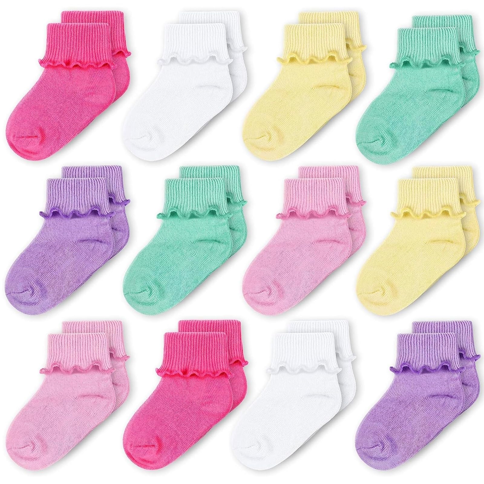 CozyWayBaby Ruffle Socks Baby Girl Turn Cuff Ankle Comfy Cotton Socks Infant - 12 Pack