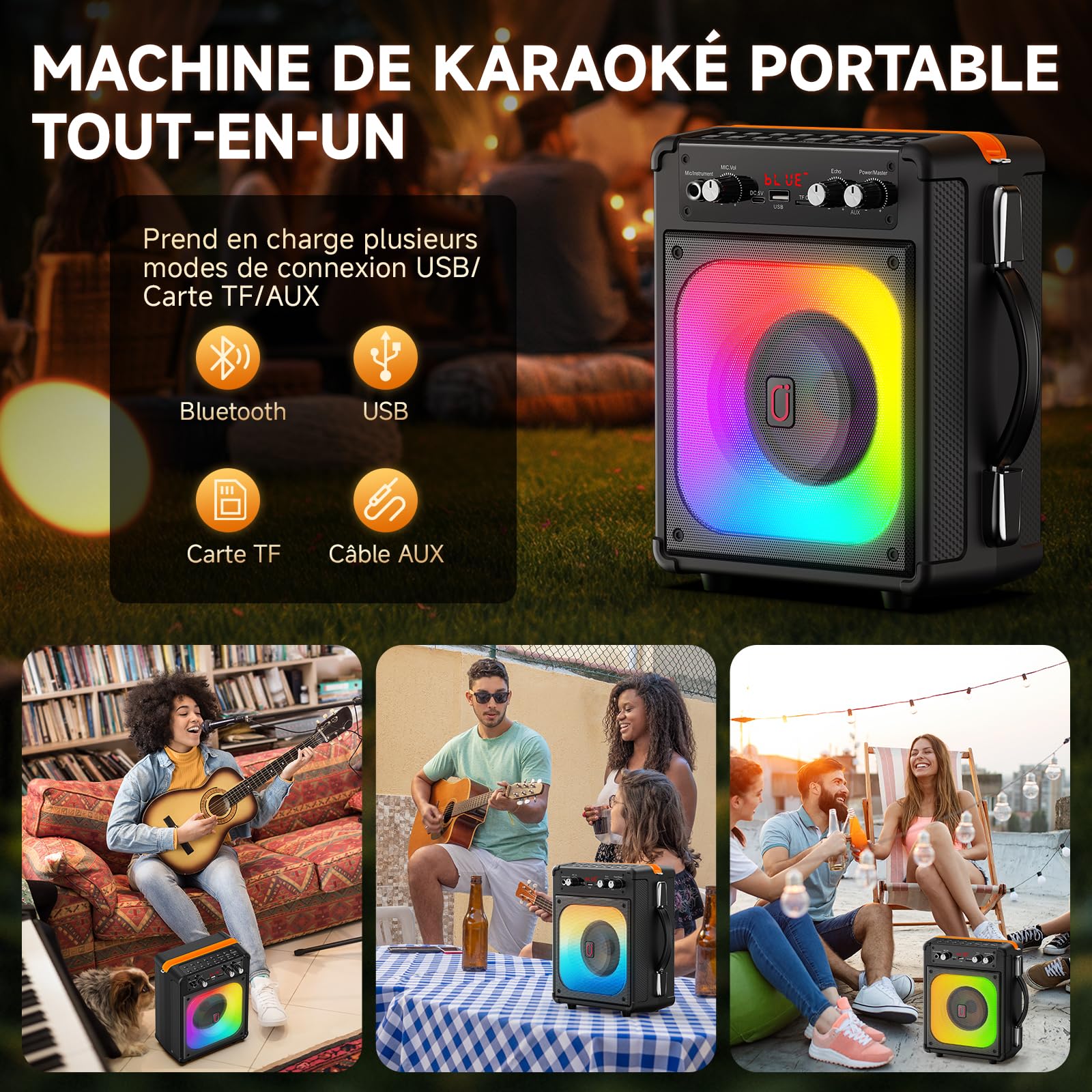 HWWR Enceinte Karaoke 2 Micro sans Fil, 60W Haut-Parleur Karaoke Complet avec Lumières de fête, Karaoke Adulte et Enfants, Portable Système Karaoké Support TWS/AUX/FM/USB/TF Carte