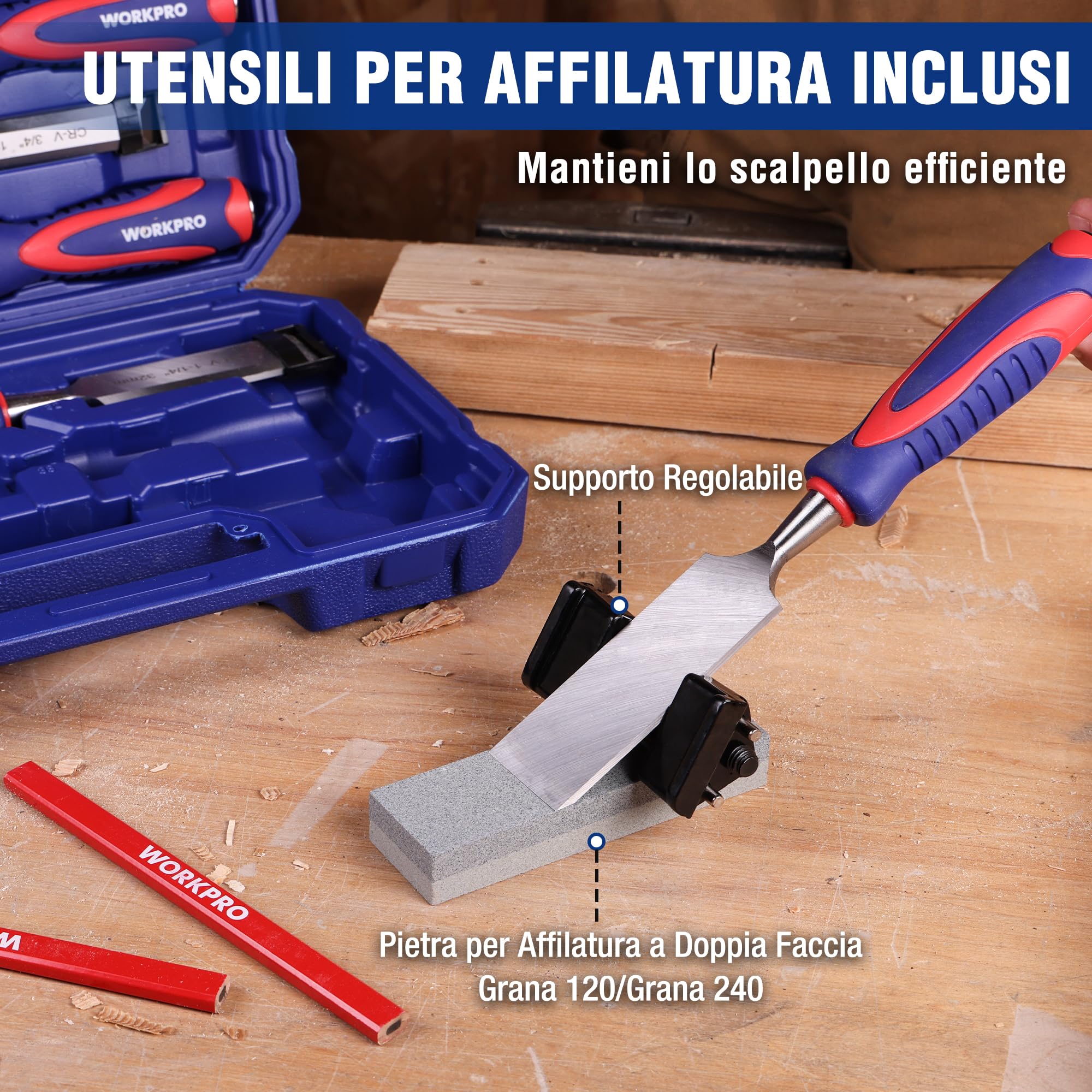 WORKPRO Set Scalpelli per Legno Professionale da 10 Pezzi, con Custodia, 6 Scalpelli (6/13/19/25/32/38 mm) in Acciaio Cr-V, Pietra per Affilare, 2 Matite, Sgorbie per Lavori in Legno