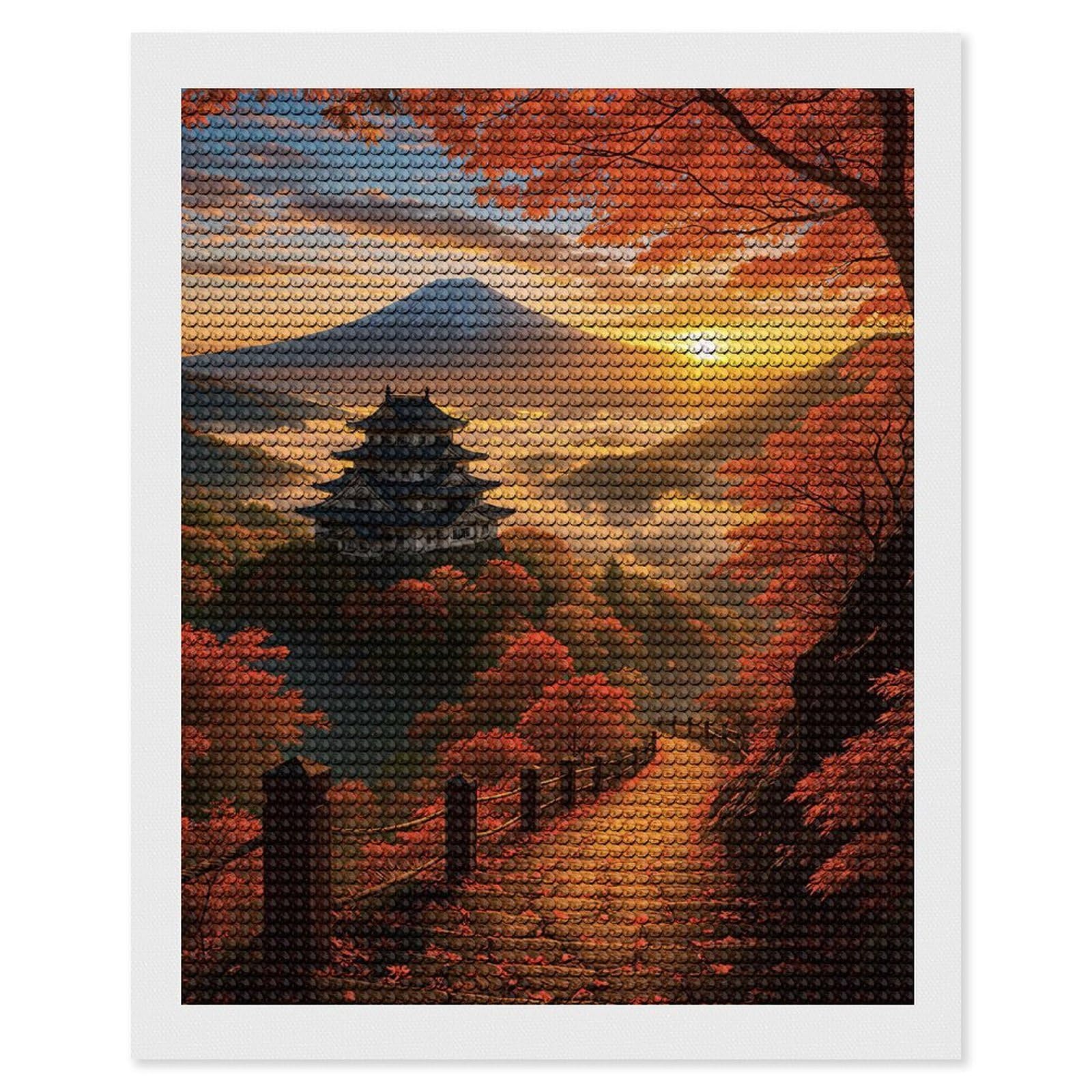 Junmoney Mount Fuji and Japanese Castle at Sunset Diamond Art Canvas 16"x20", for Teens, Nice Detail and Sparkle, Farmhouse Decor, Festive Craft Gift, Easy to Enjoy