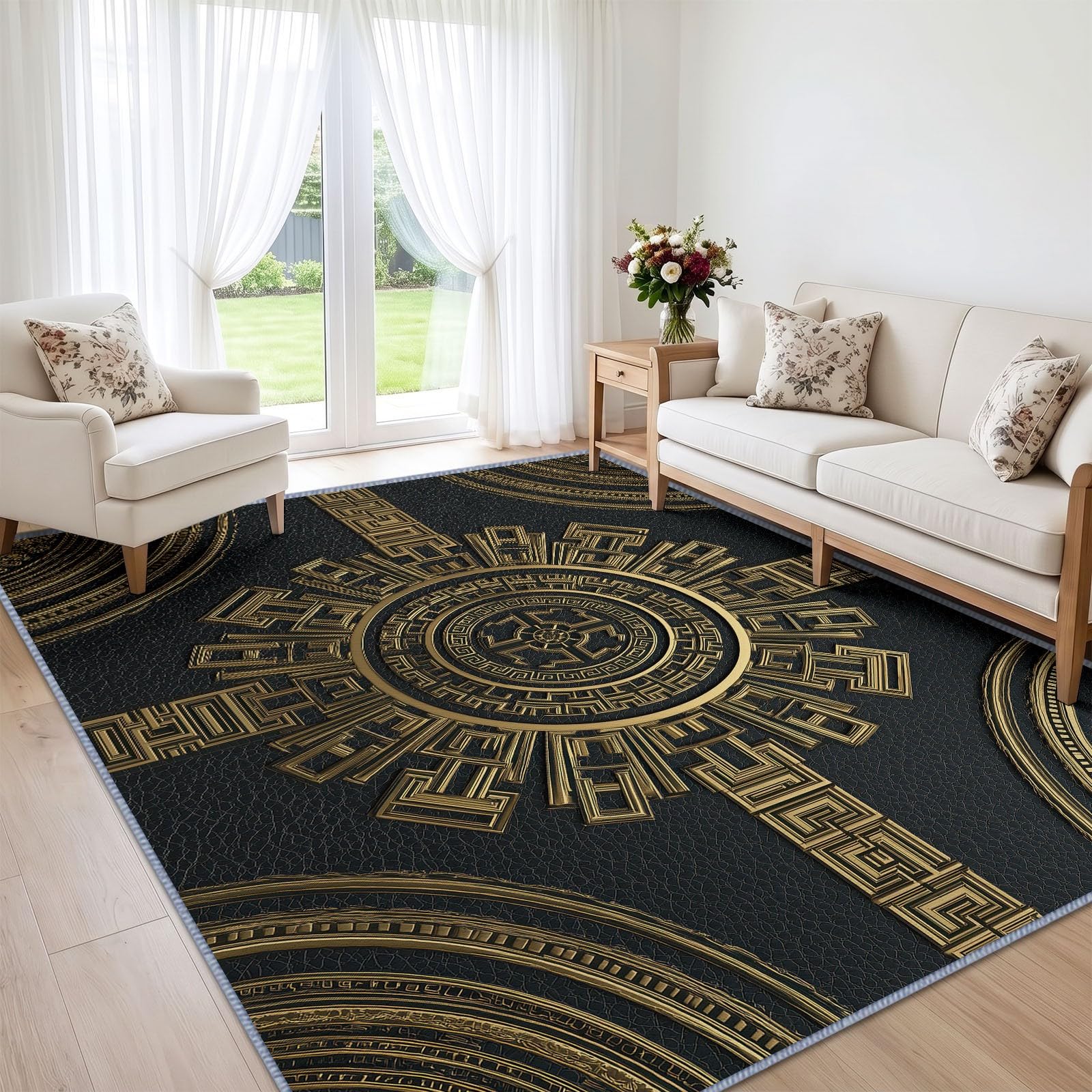 Lavable Machine Tapis Relief 3D Géométrique Dessous Antidérapant, Méandre Grec Badge Circulaire Tapis Pile Courte 160 x 230 cm pour Salon Salle à Manger Chambre Cuisine Entrée
