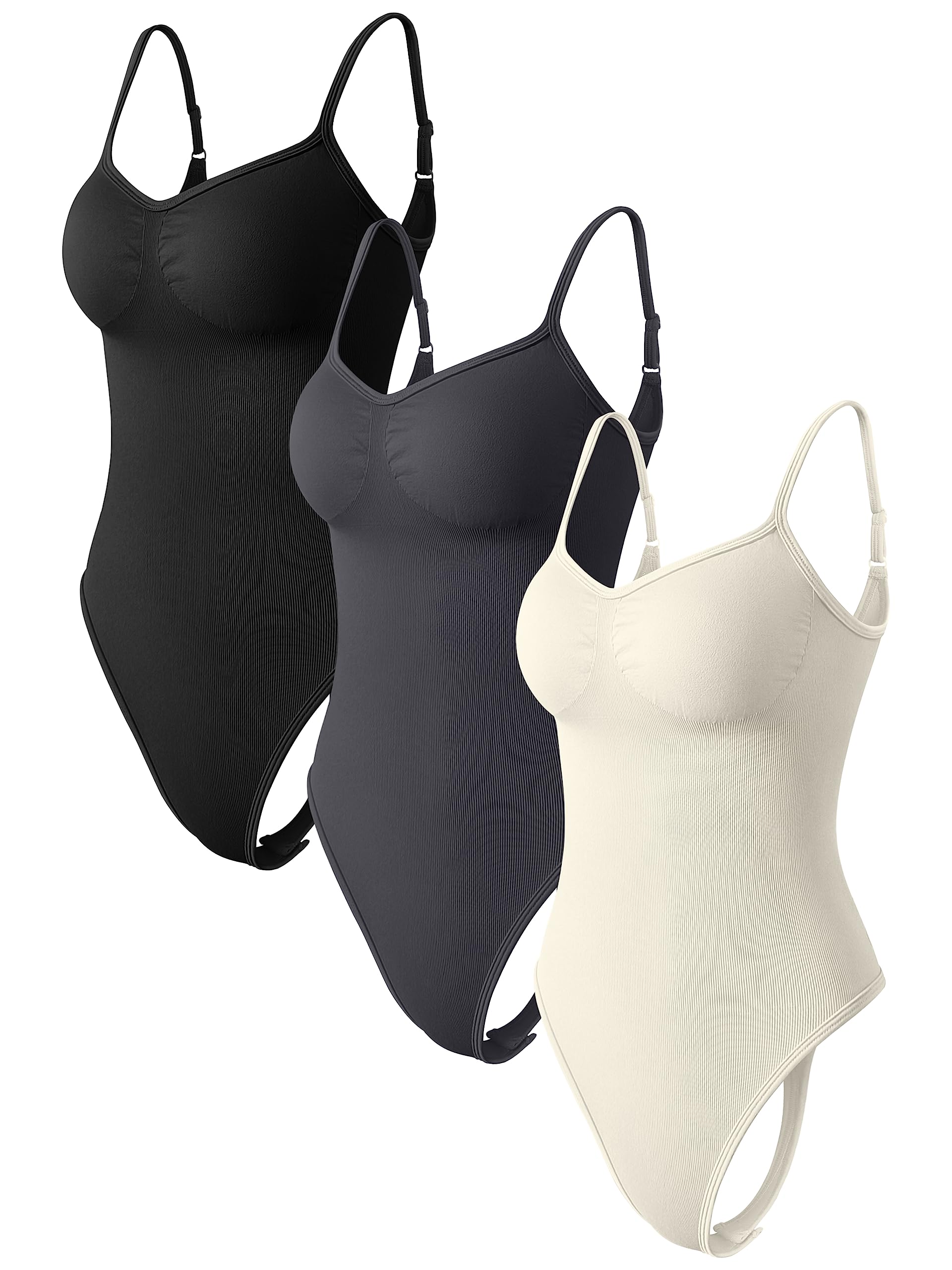 OQQWomen's 3 Piece Bodysuits Sexy Ribbed Sleeveless Adjustable Spaghetti Strips Shapewear Tops Bodysuits