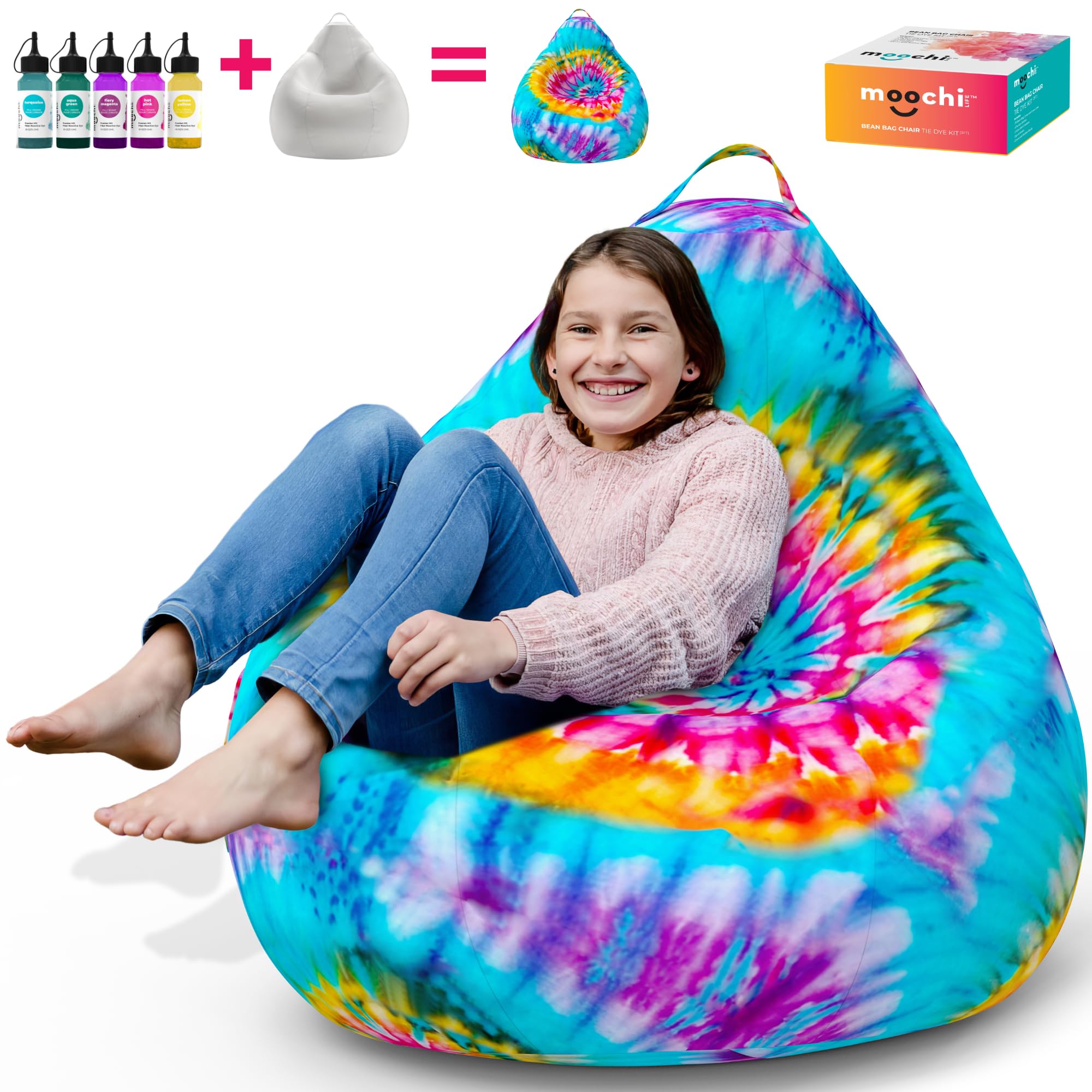 DIY Family Craft Project - 4ft Tie Dye Bean Bag Chair Cover – Create Your Own Colorful Chair – Giant Washable Slipcover Kit w/ Liner Bag with Paints - Perfect for Kids, Teens & Adults to Work Together