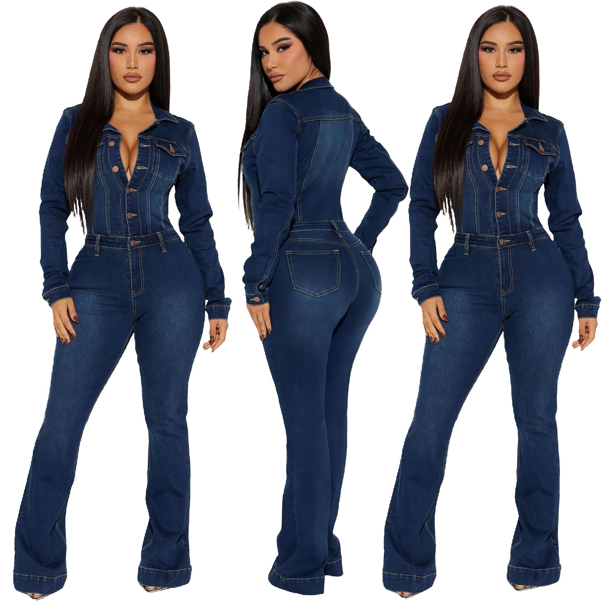 Tute Donne Jeans Tuta Intera Pantaloni Svasati
